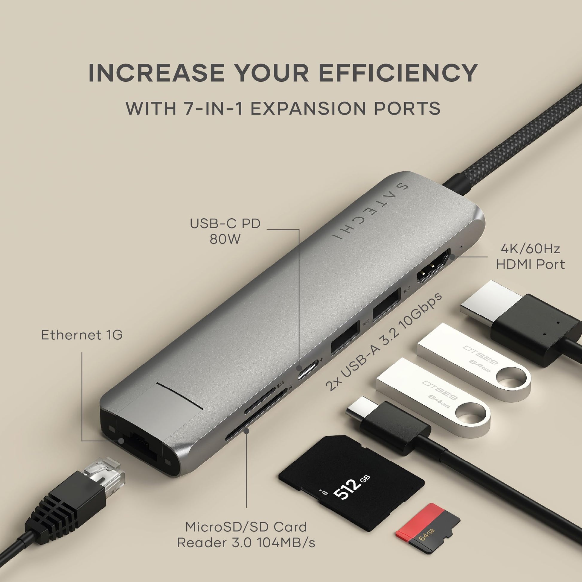 Adaptador USB-C Satechi Gris Espacial 7 en 1 con HDMI 4K y Carga PD 100W para MacBook Pro/Air, iPad, iPhone, Windows