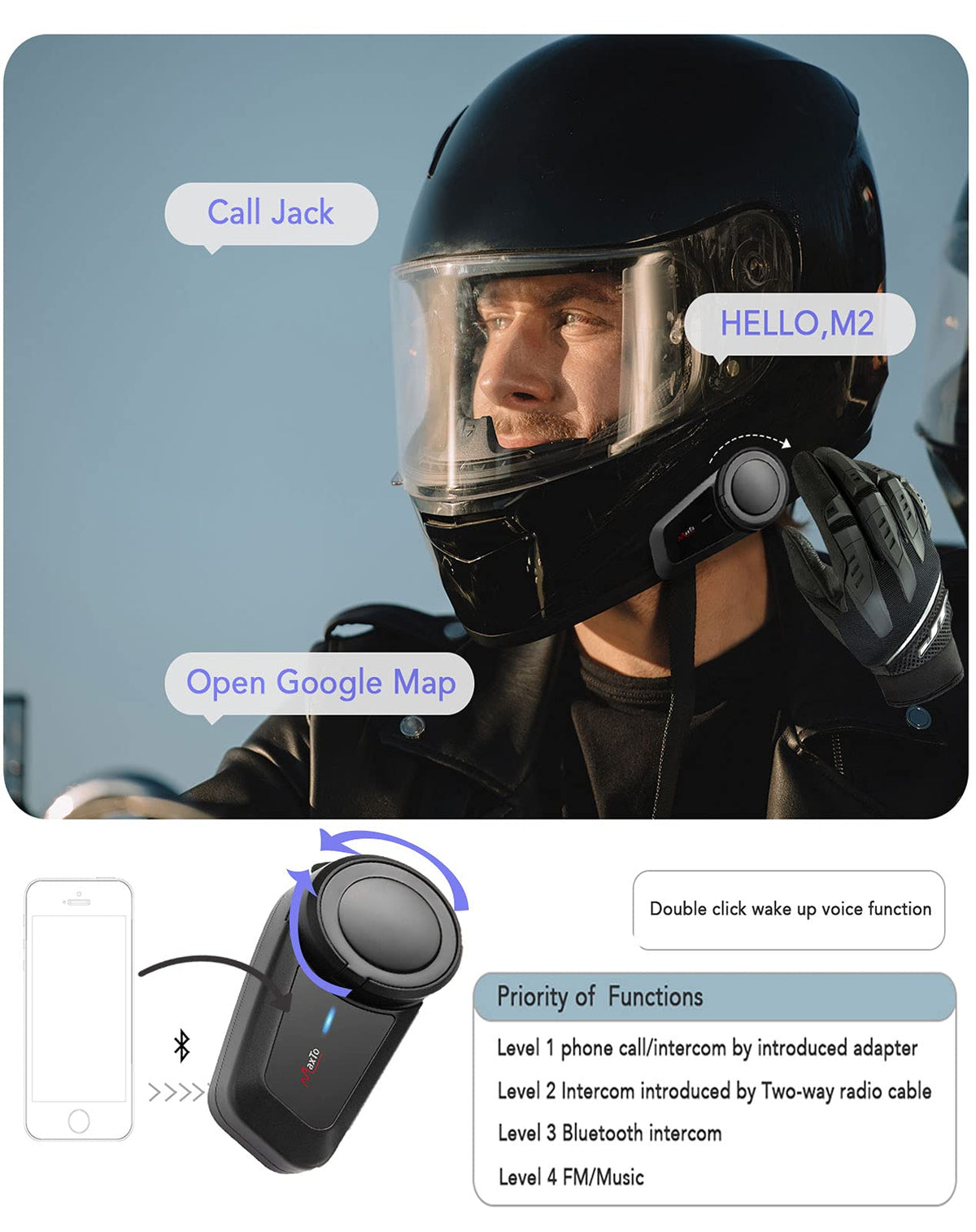 Auriculares Bluetooth MaxTo M2 Negro Impermeables con Intercomunicador para Motocicleta