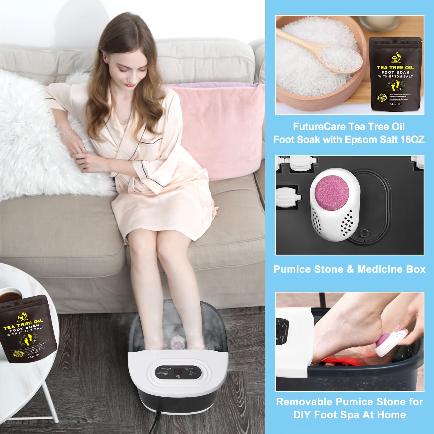 FutureCare Masajeador De Pies Con Burbujas De Calor Masaje Vibratorio Y Chorros 16 Oz De Sal De Epsom Con Lavanda Calmante Remojo De Pies Moodrelish Con Luz Roja 22 Rodillos De Masaje Temper