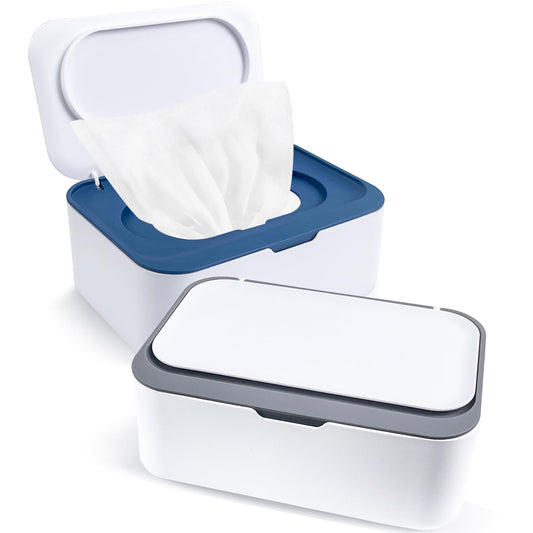 Dispensador de toallitas reutilizables, contenedor de toallitas recargables, fácil de abrir y cerrar con tapa para baño, bebé, guardería, cocina, oficina, viajes (azul/gris)
