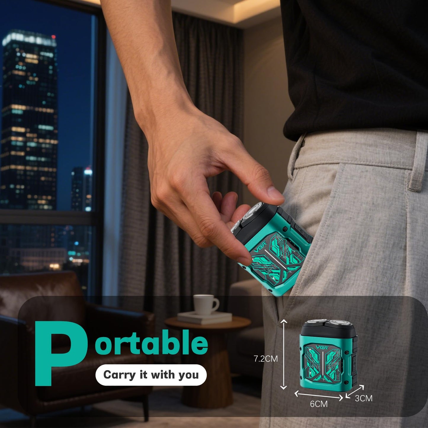 VGR 344 Mini afeitadora eléctrica para hombres, afeitadora eléctrica para hombres con cabezales magnéticos de doble rotación para una fácil limpieza, afeitadora compacta de viaje para cara con IPx6