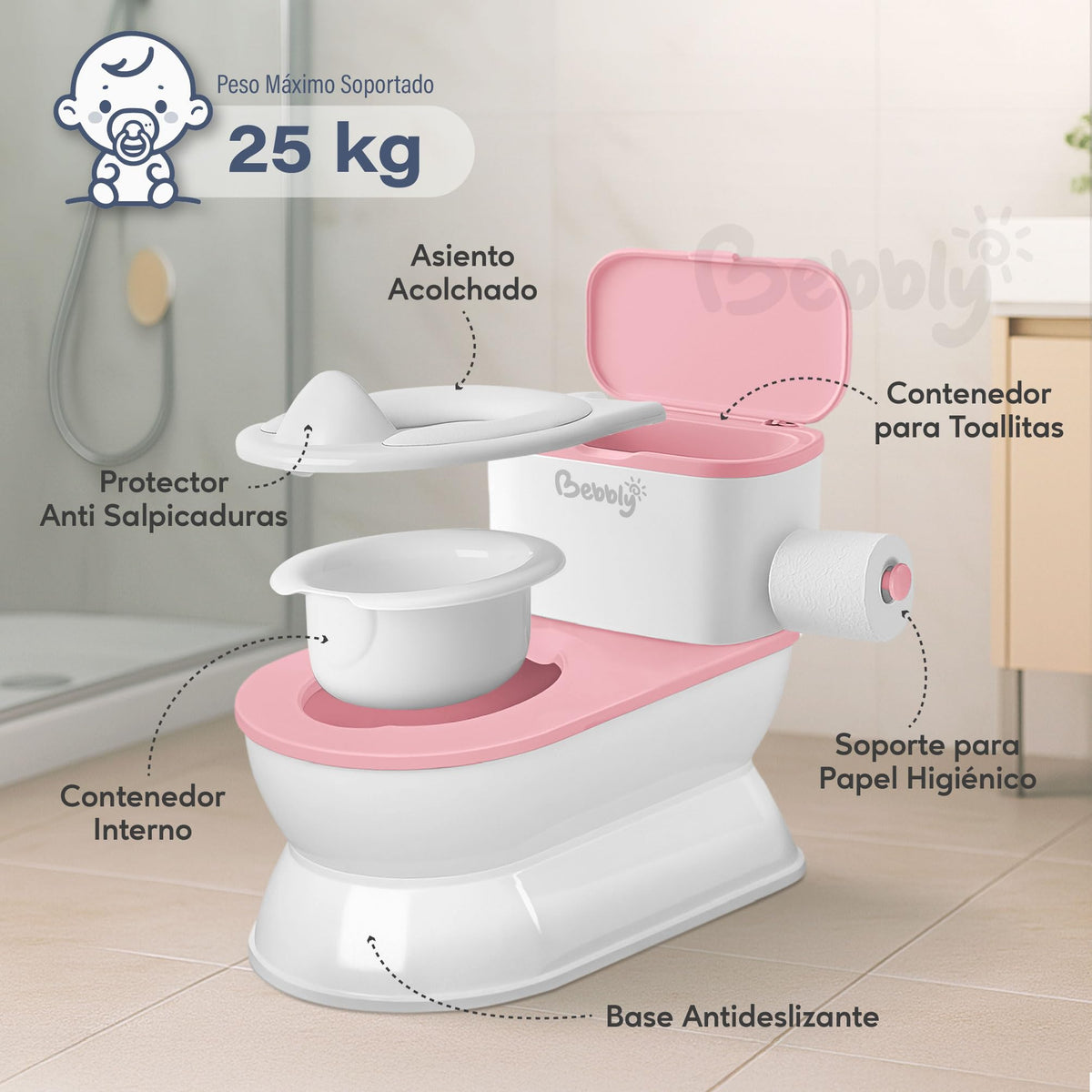 BEBBLY Bañito Entrenador Infantil con Sonido Musical Portarrollo y Almacenamiento Asiento Antiderrapante para Niños y Niñas de 6 Meses a 3 Años Fácil de Limpiar Ideal para Aprender a Ir al Baño (Rosa)