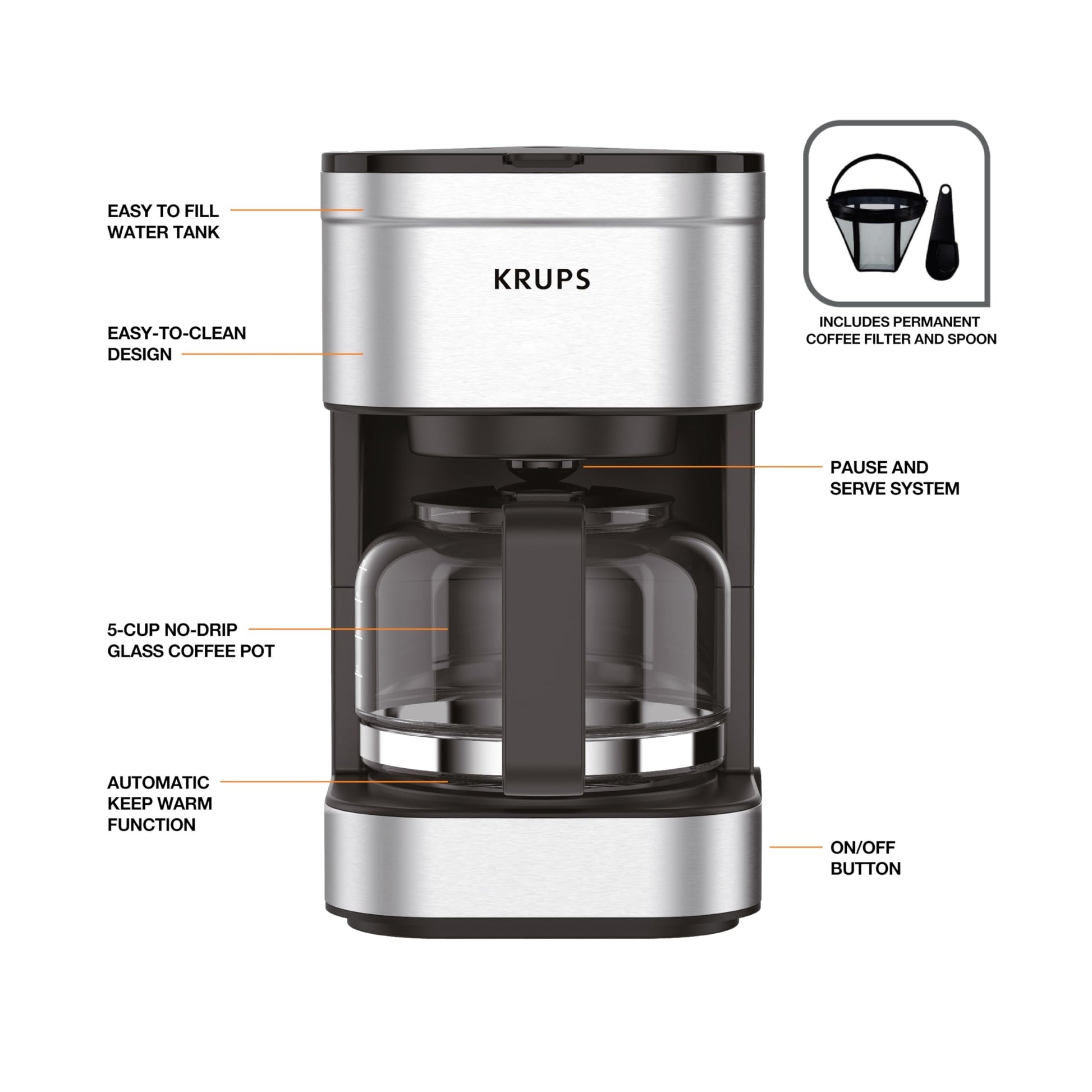 KRUPS Simply Brew - Cafetera compacta de 5 tazas: diseño de acero inoxidable, pausa y prepara, mantiene caliente, filtro reutilizable, jarra sin goteo