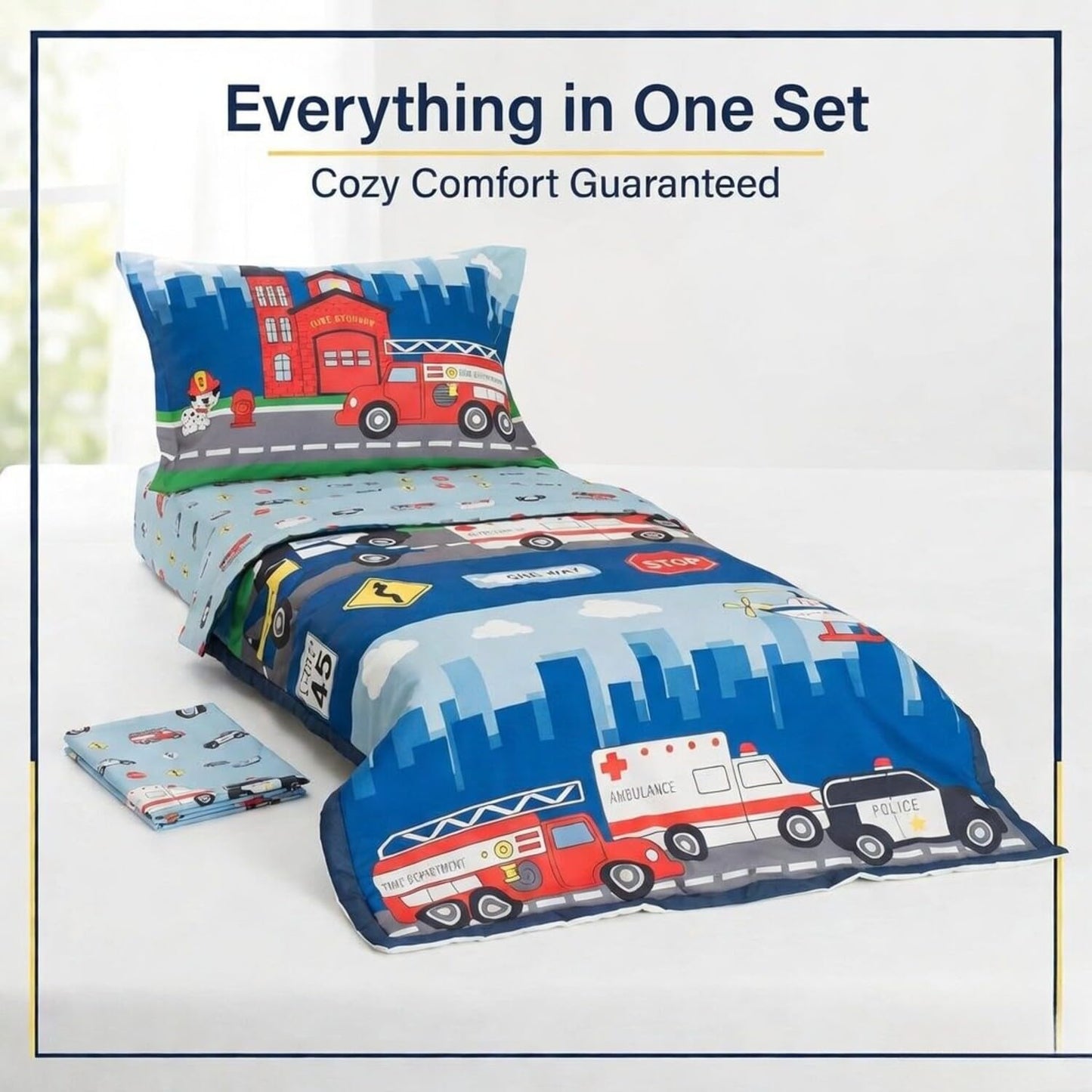 EVERYDAY KIDS - Juego de ropa de cama de 4 piezas para niños pequeños, incluye edredón, sábana encimera, sábana bajera y funda de almohada reversible