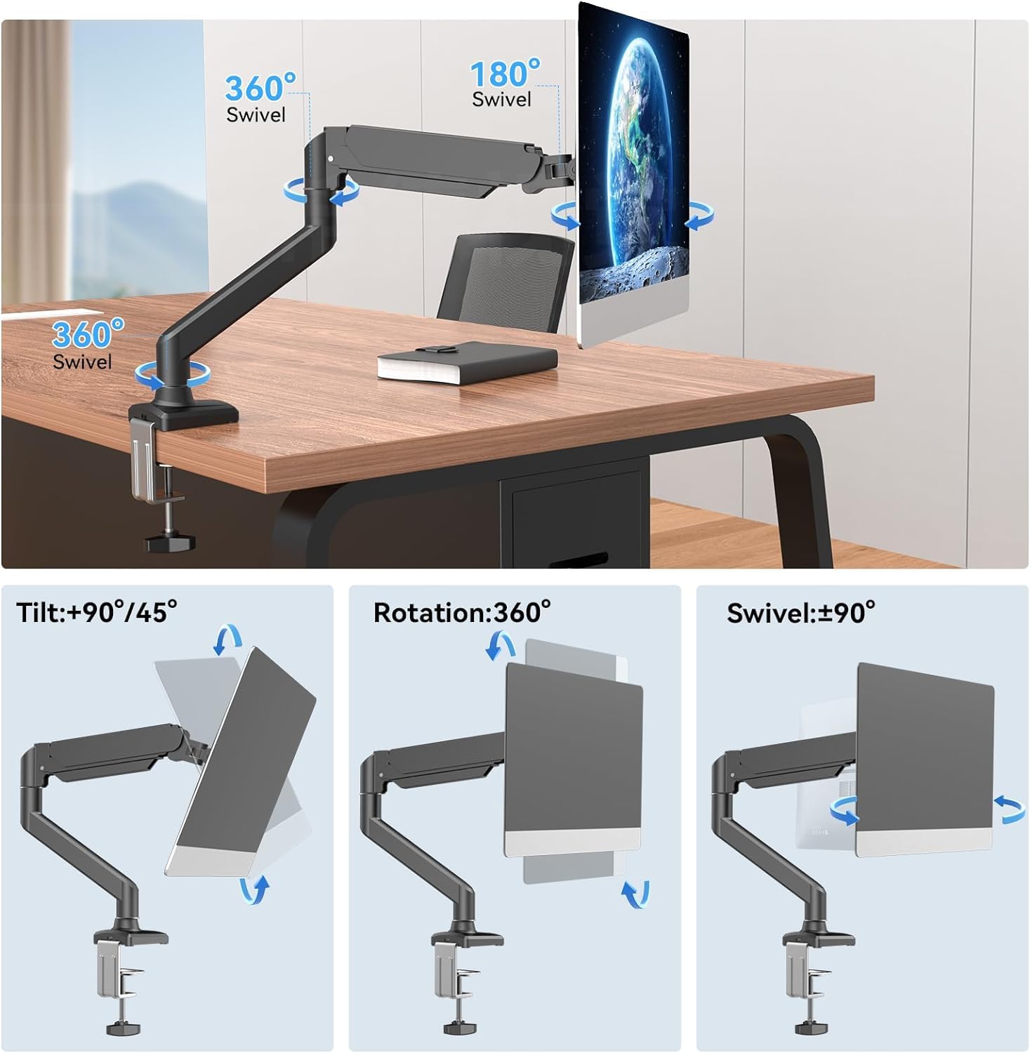 GILLAS Soporte para Monitor de hasta 32” Pulgadas, Brazo para Pantallas, Soporte Monitor Escritorio Inclinación Giratorio Rotar con Ajuste de Altura, Compatibilidad Universal