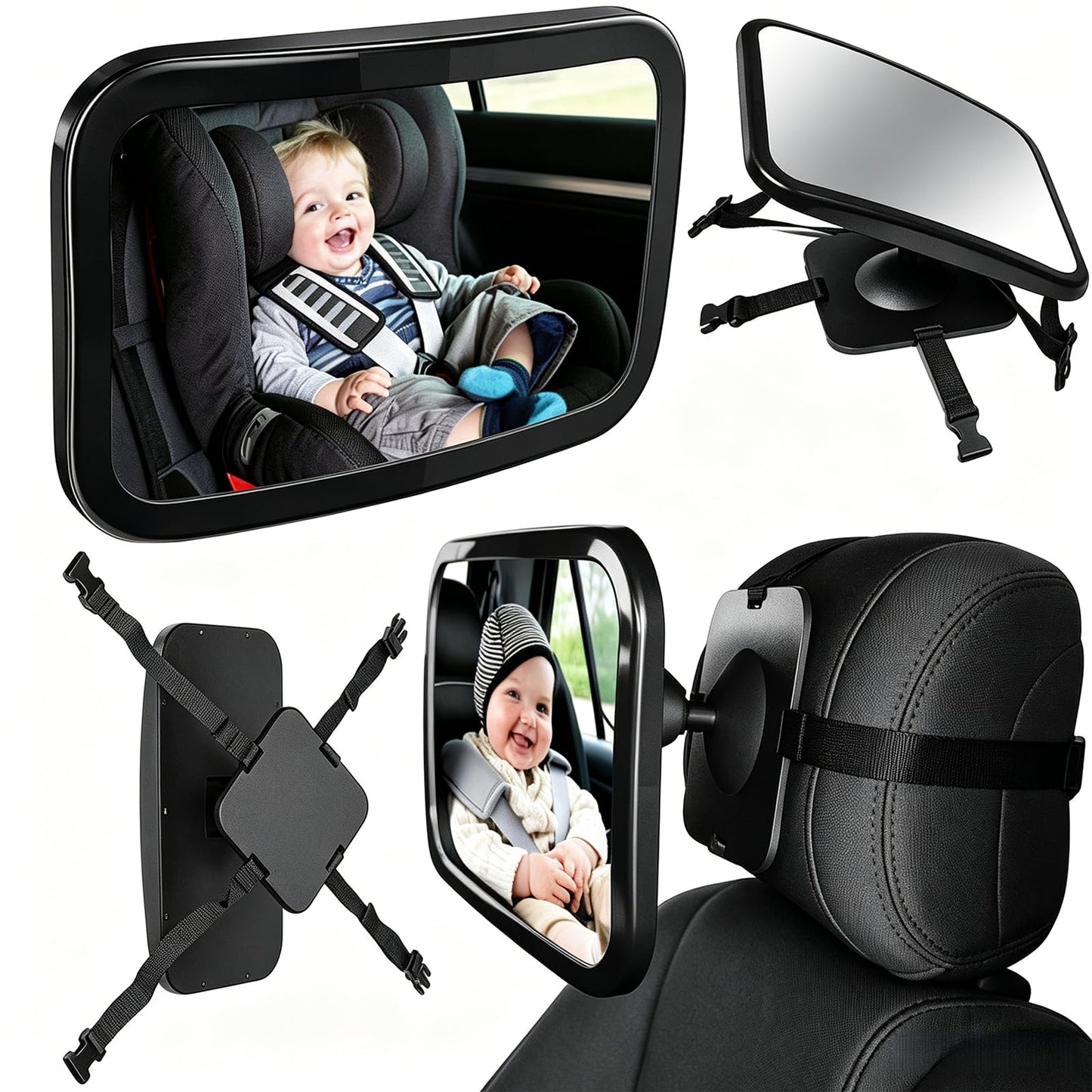 Espejo Retrovisor de Bebé para Auto, Rotación de 360 Grados Espejo de Observación para Bebés, Espejo Asiento Coche Bebe, Panorama claro, Correas Elásticas Ajustables