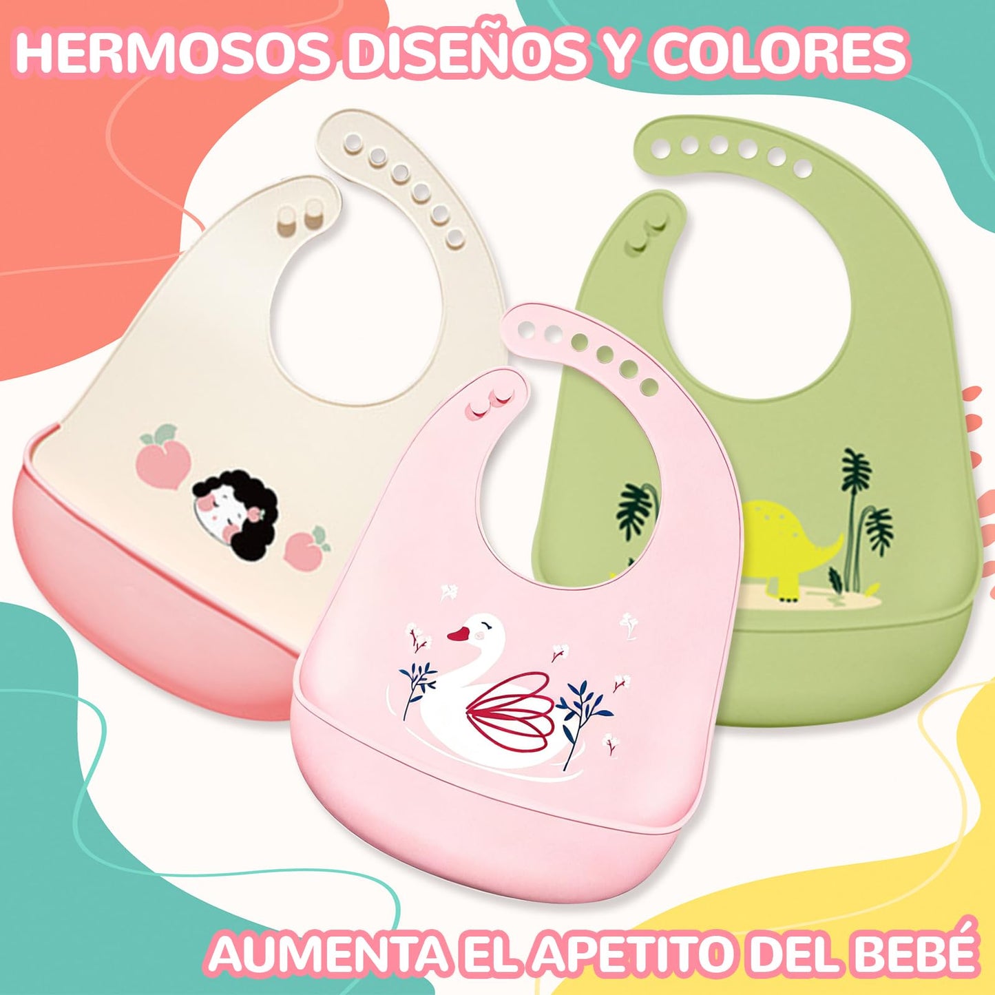 3pcs Baberos de Bebé para Niños,baberos de silicona, con Diferentes Dibujos Animados Estampados,Apto para bebés