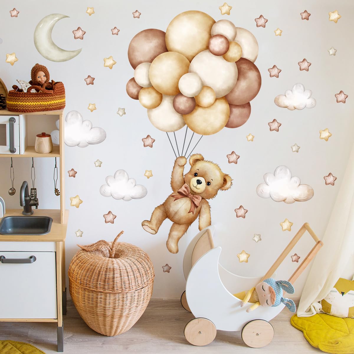 Calcomanías de pared de oso de peluche, globos de aire, estrella, luna, nube, pegatinas de pared para habitación de niños, niñas y niños, habitación de bebé, decoración de cuarto de bebé (calcomanía