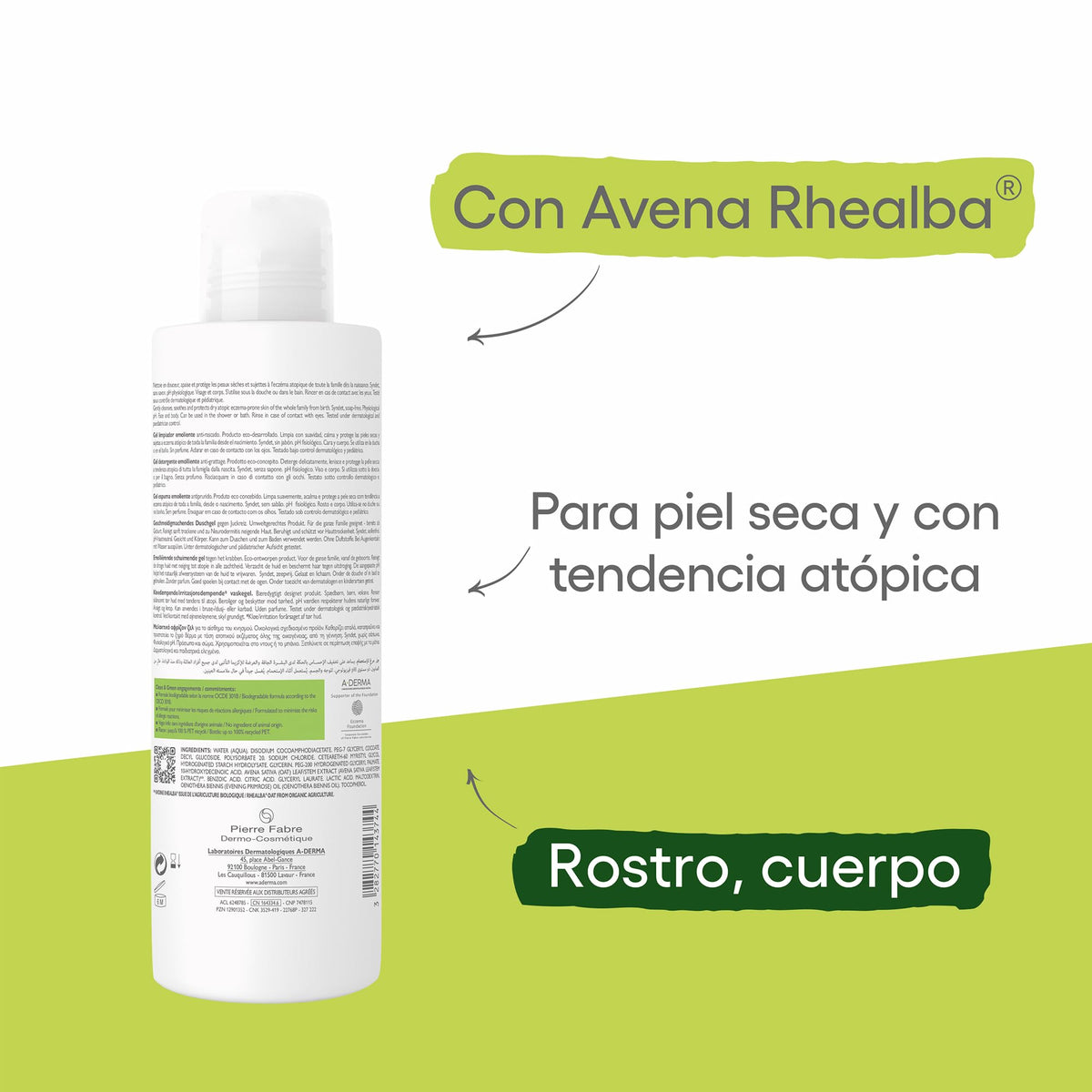 A-DERMA Exomega Control Gel Limpiador Emoliente Piel Atopica Muy Seca, 500 ml