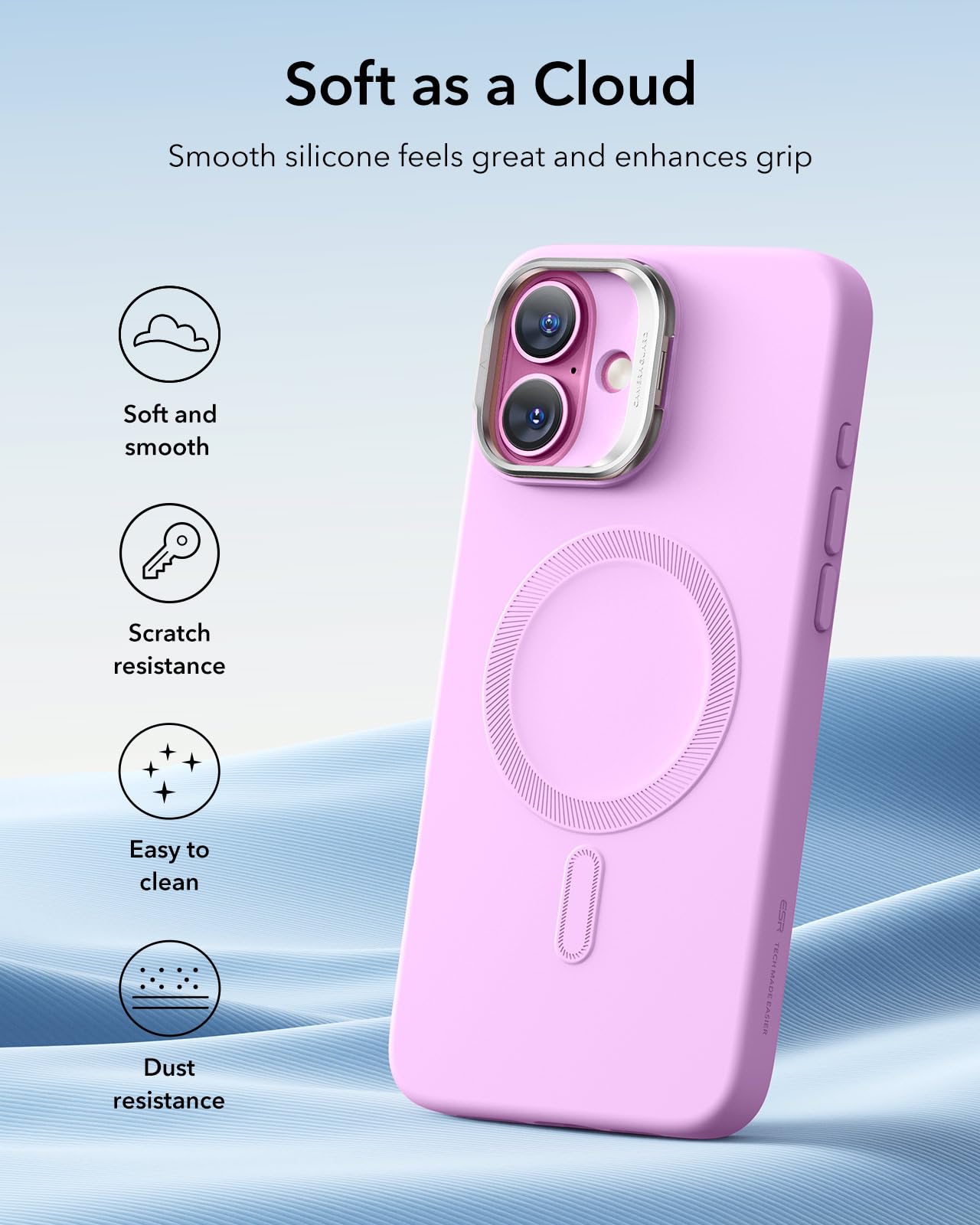 ESR - Funda para iPhone 16 Plus de silicona con botón de control de cámara y soporte, compatible con MagSafe, soporte para cámara integrado, funda magnética para iPhone 16 Pro Max, serie Cloud, rosa