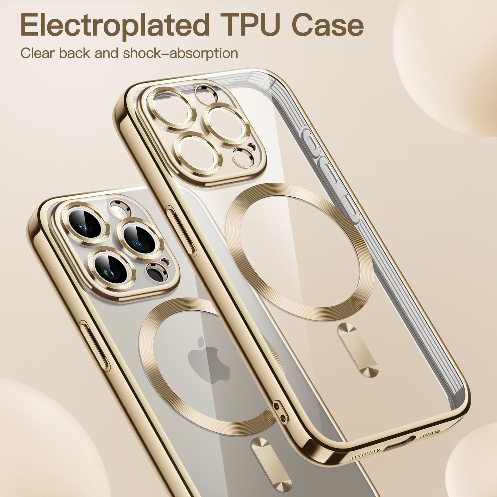 JETech Funda Suave Claro para iPhone 15 Pro MAX 6.7 Pulgadas, Lente Cámara Protección Completa, Compatible con MagSafe Carga Inalámbrica, Carcasa TPU Galvanizada Antigolpes (Oro)