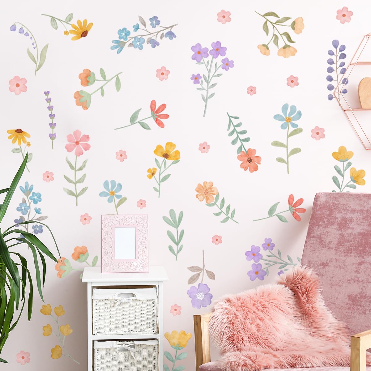 Calcomanías de pared de flores de acuarela bohemias – arte de flores silvestres extraíbles para recámara de niñas, cuarto de niños, decoración de murales de vinilo