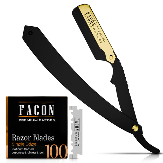 100 cuchillas + Maquinilla de afeitar profesional de pelo recto de facón – Calidad de salón corte garganta afeitadora