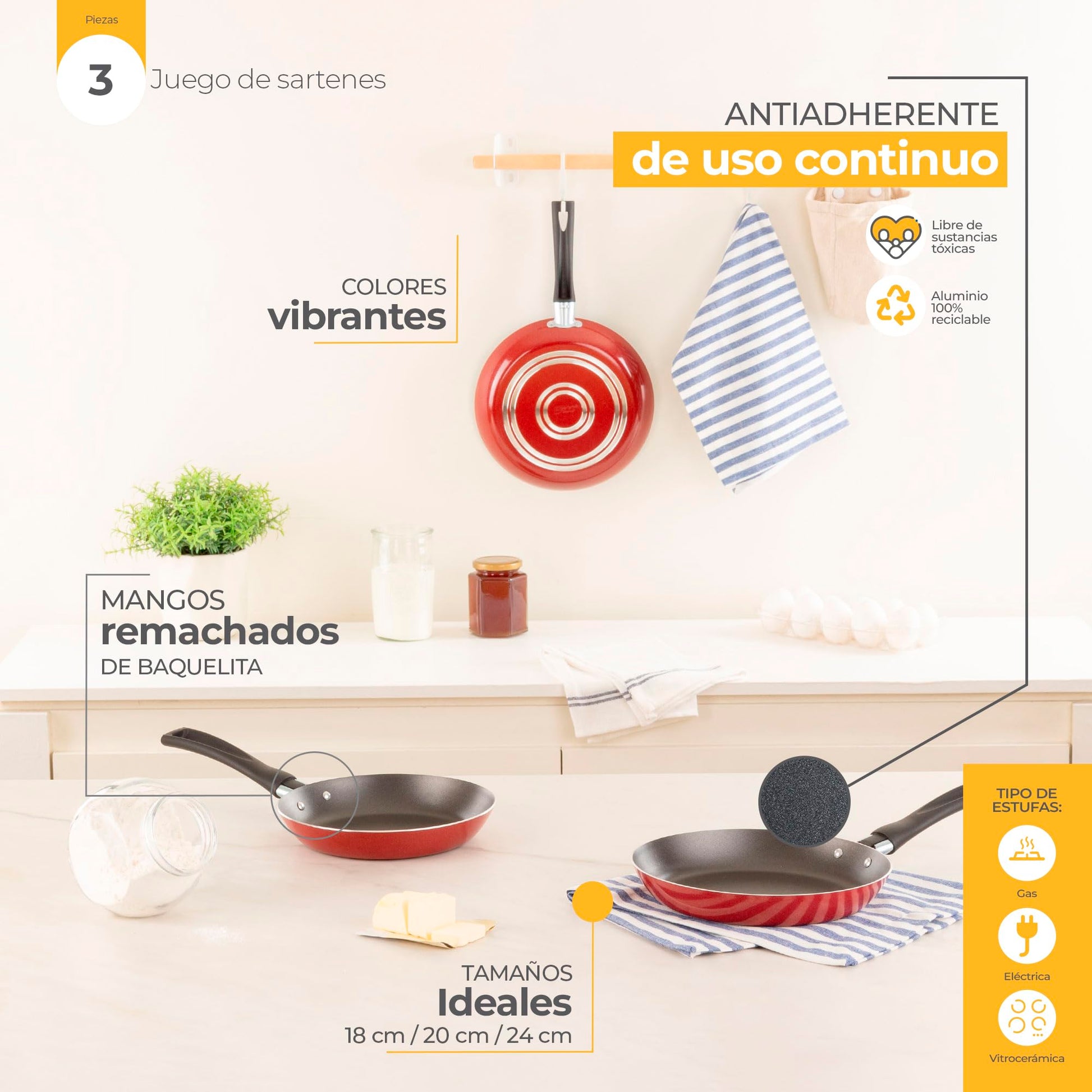 Ekco | Juego de Sartenes con Antiadherente 3 Piezas de Aluminio - Color Rojo