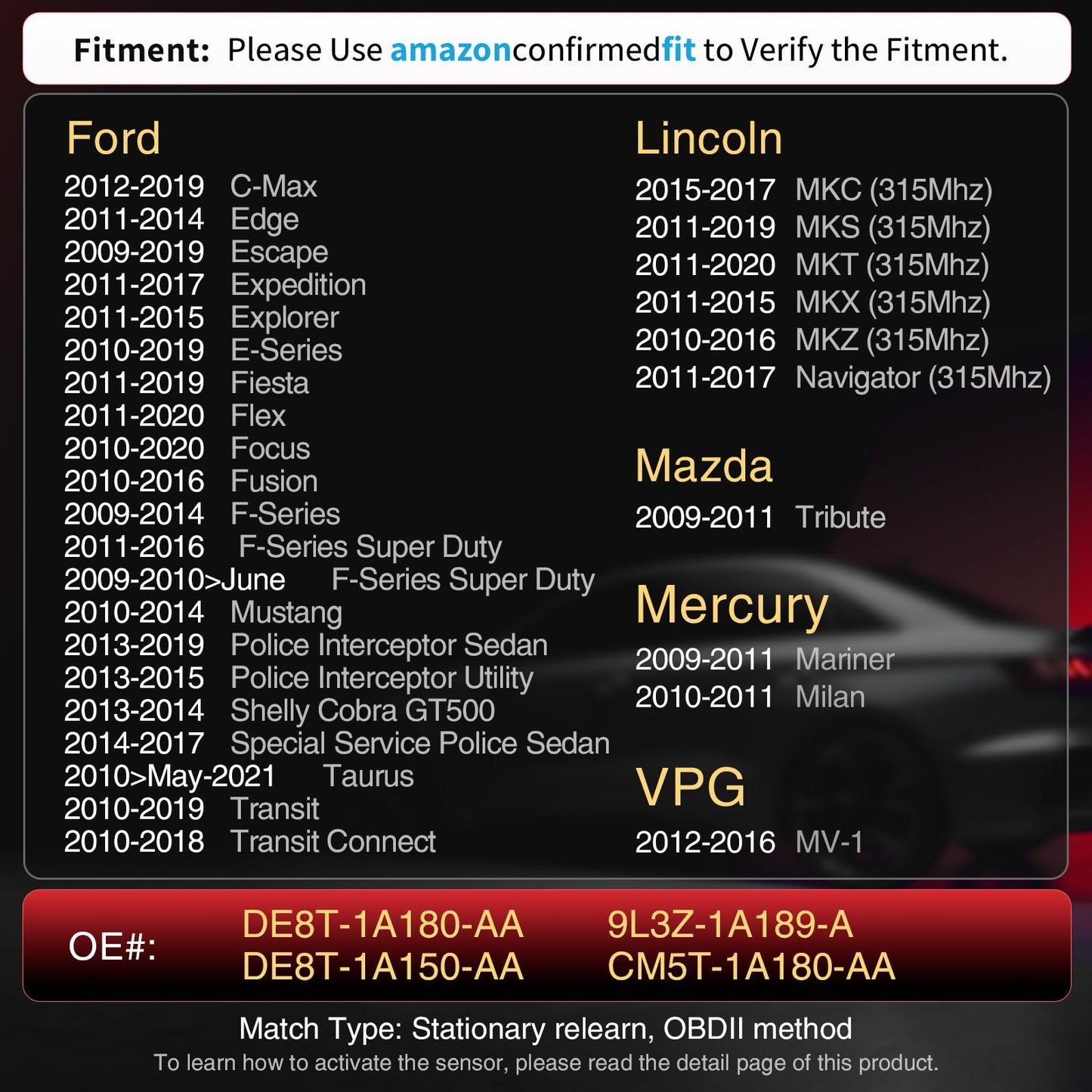 Sensor TPMS Marsflex Negro apto para Ford Lincoln Mercury 315MHZ 4PCS