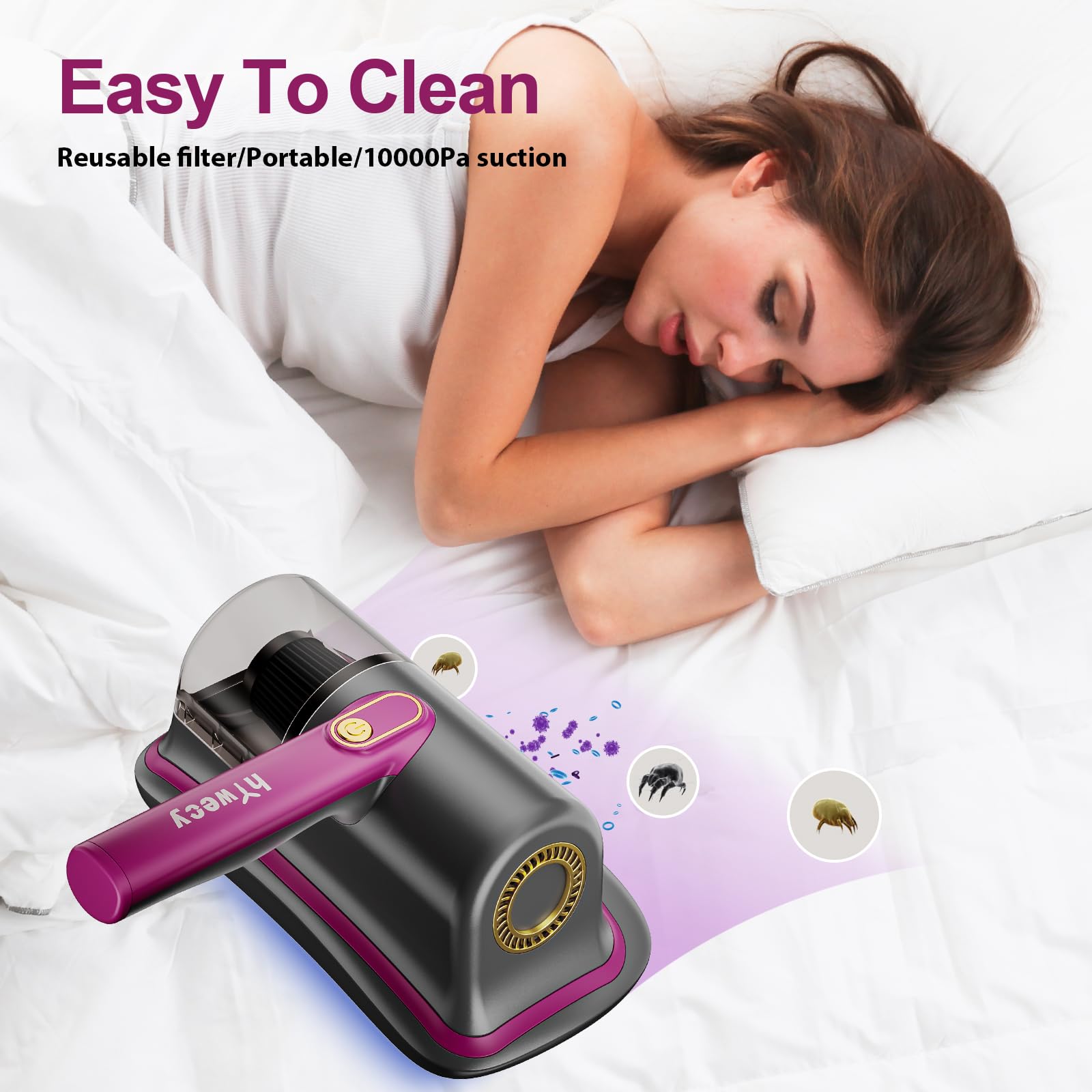 HYwecy Aspiradora inalámbrica para cama, 6600 mAh, inalámbrica, portátil, con protección UV, ligera, de dos velocidades, para cama, sofás, almohada