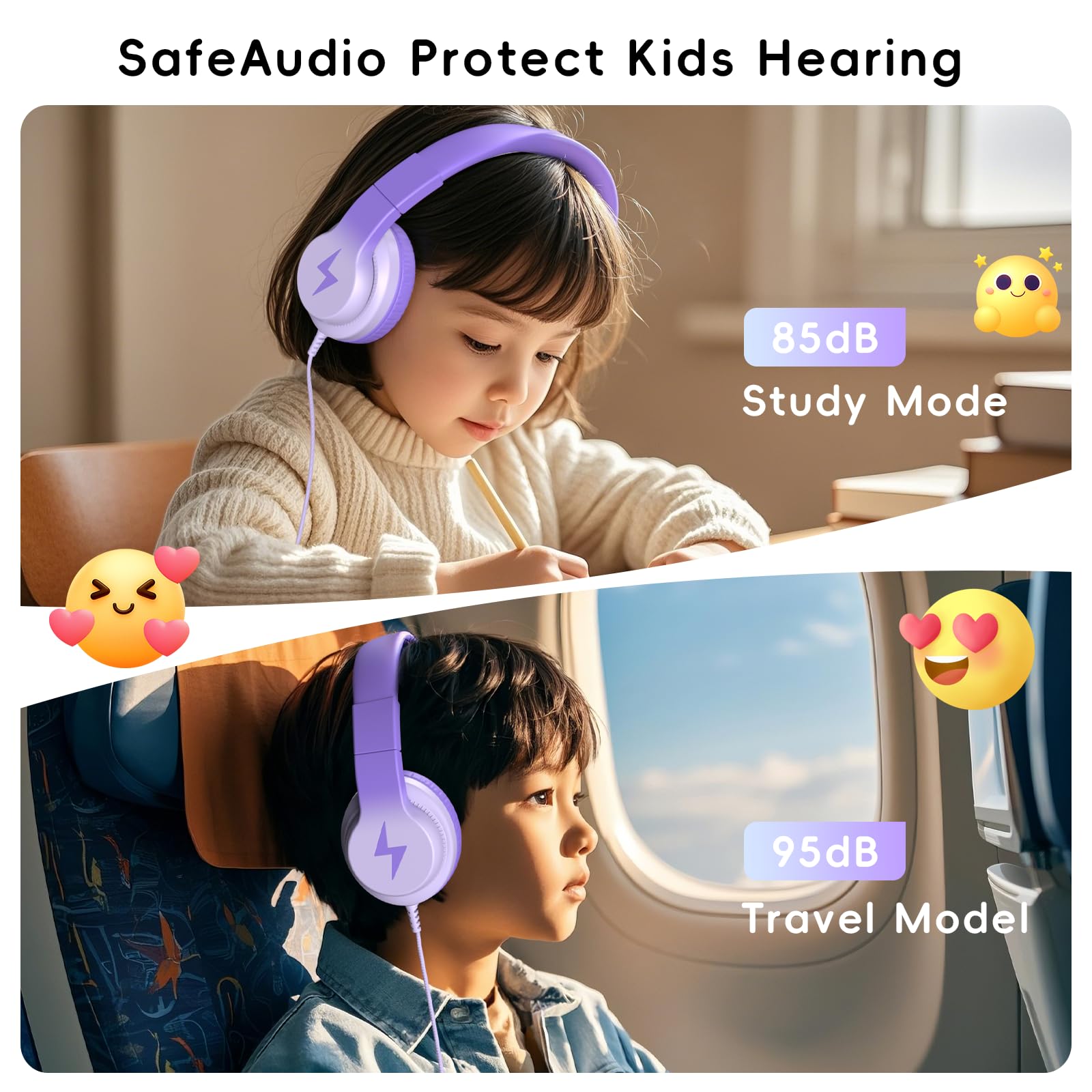 Candy Bila - Auriculares con cable para niños, con micrófono, limitador de volumen de 85/94 dB para niñas y niños, auriculares plegables para aprendizaje y entretenimiento, color morado oscuro