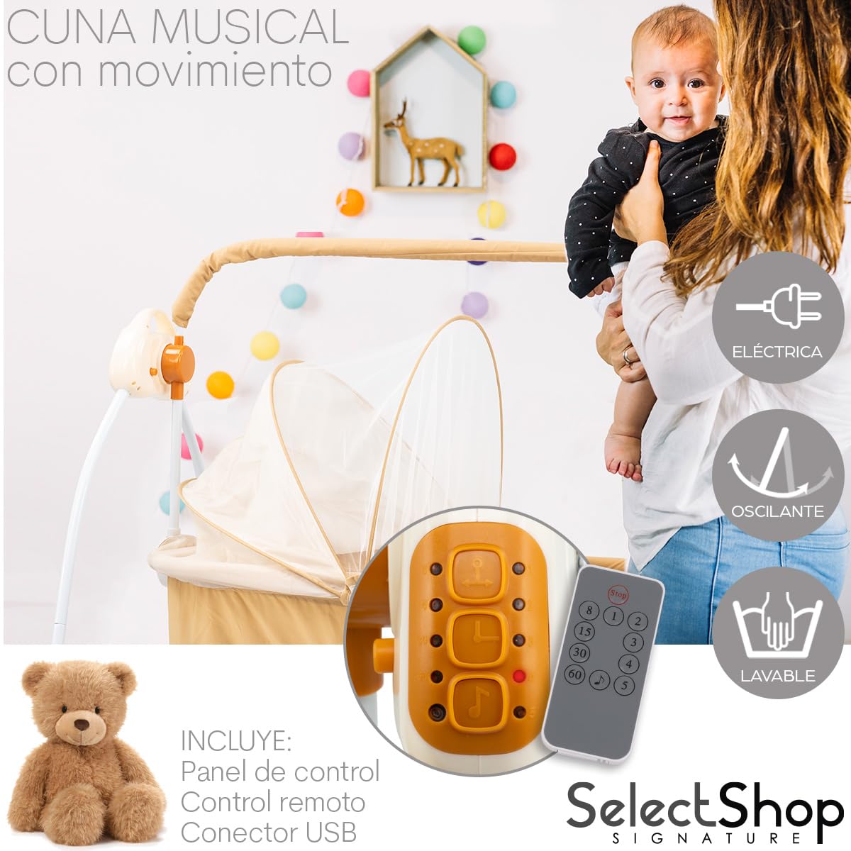 Cuna Mecedora Eléctrica SELECTSHOP Café para Bebé