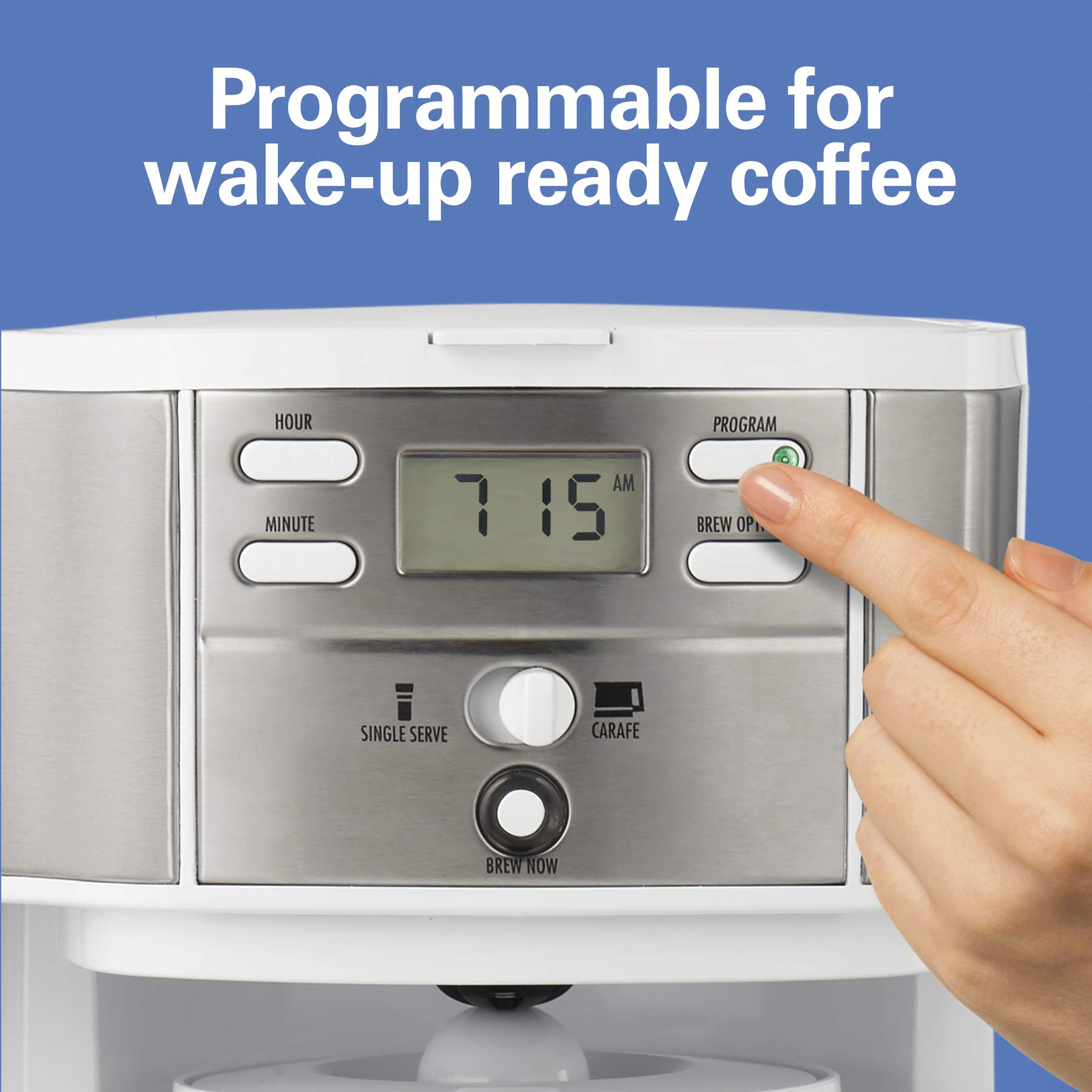 Hamilton Beach 49933 - Cafetera programable de goteo de 2 vías y máquina de una sola porción, jarra de vidrio, pausa y vierte automáticamente, color blanco