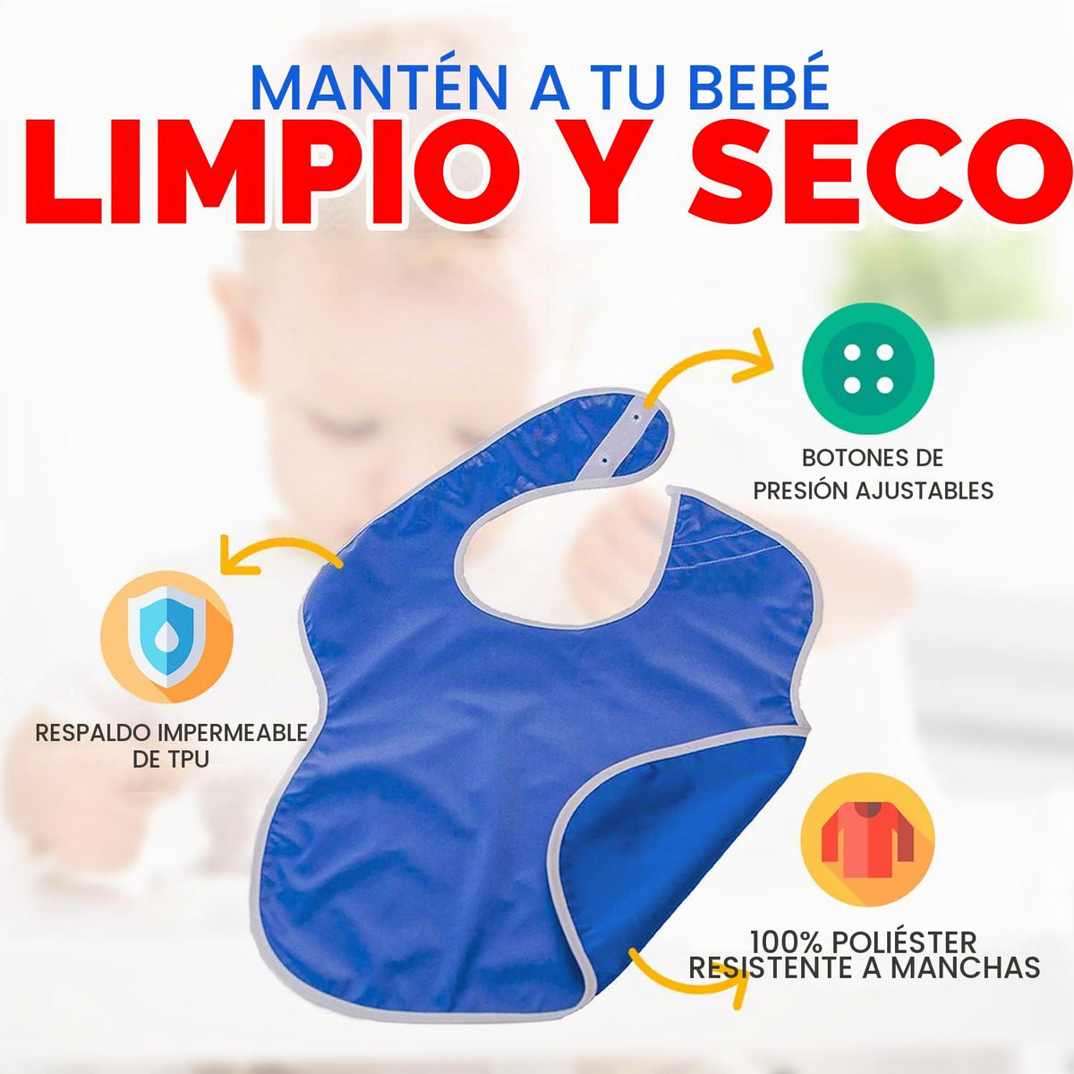 Toppy - 4 baberos grandes impermeables de color azul marino para bebés de 1 a 4 años - Baberos de tela ligera, suave y duradera con botones a presión para niñas y niños, apto para secadora y fácil de