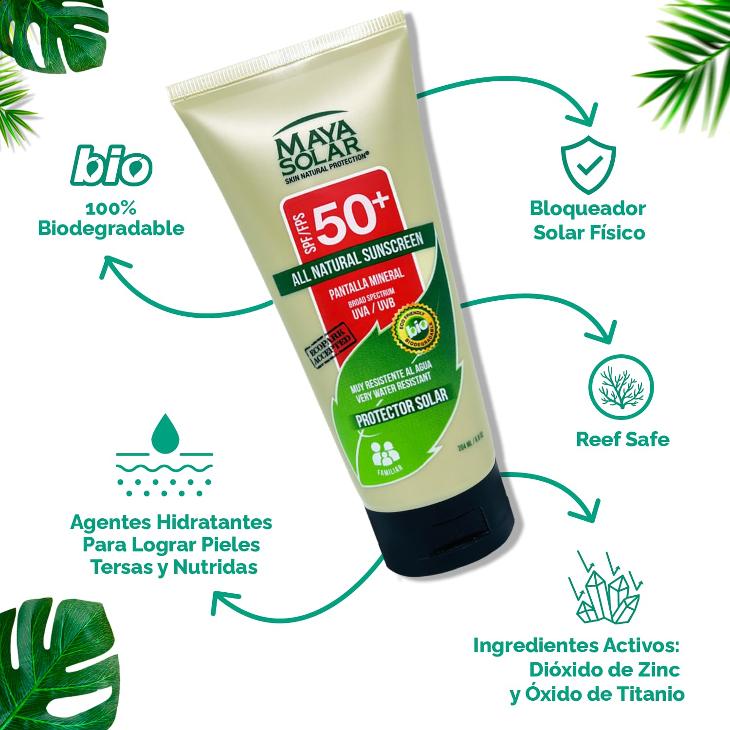 Maya Solar. Bloqueador Solar Corporal. 100% Ingredientes Naturales Minerales SPF 50+ Uso Diario 204 ml