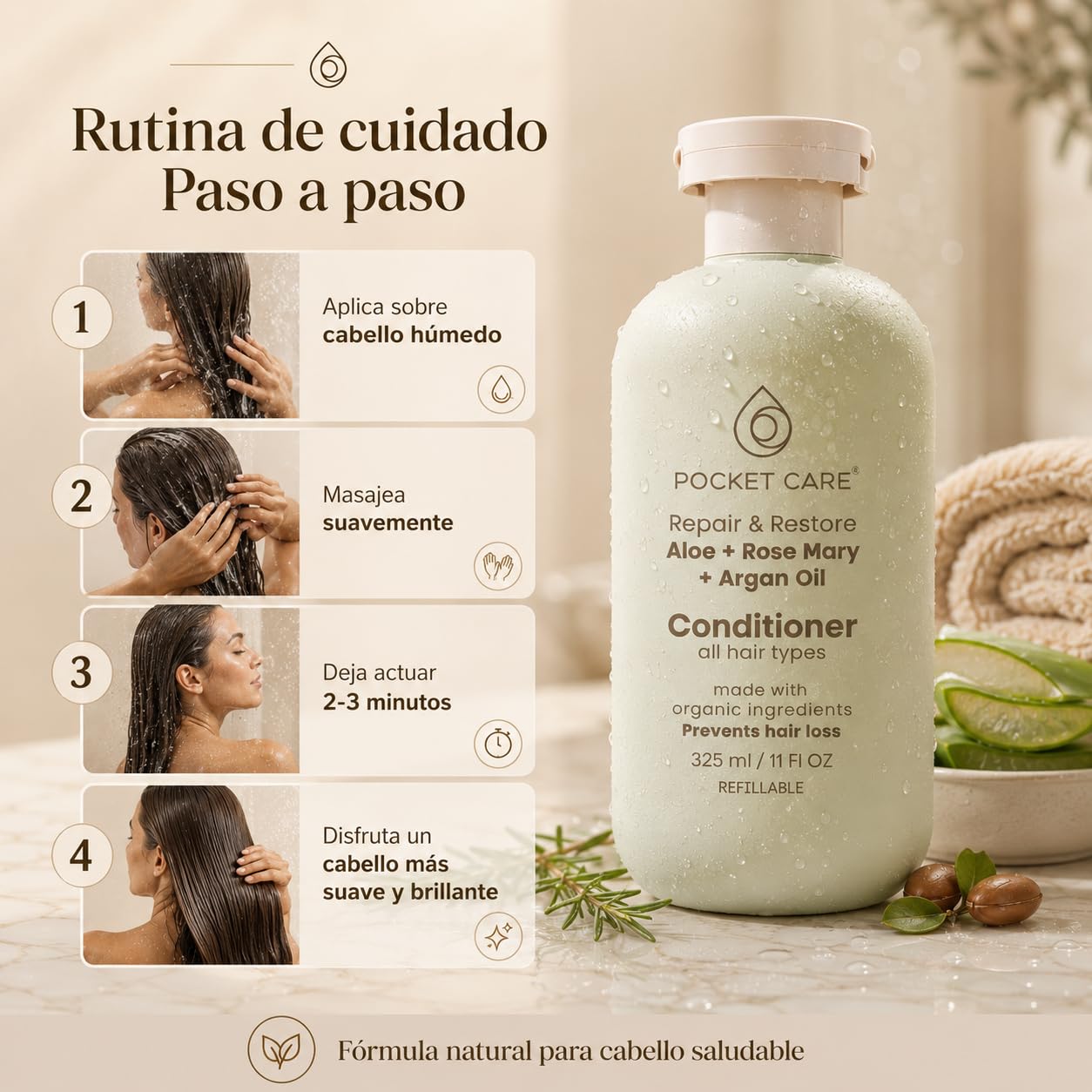 Pocket Care Acondicionador Reparador para Cabello Seco y Maltratado con Aceite de Argán, Sábila, Romero, Manteca de Karité y Cacao | Anti Frizz, Brillo y Suavidad | 325 ml(Acondicionador, Aloe vera)