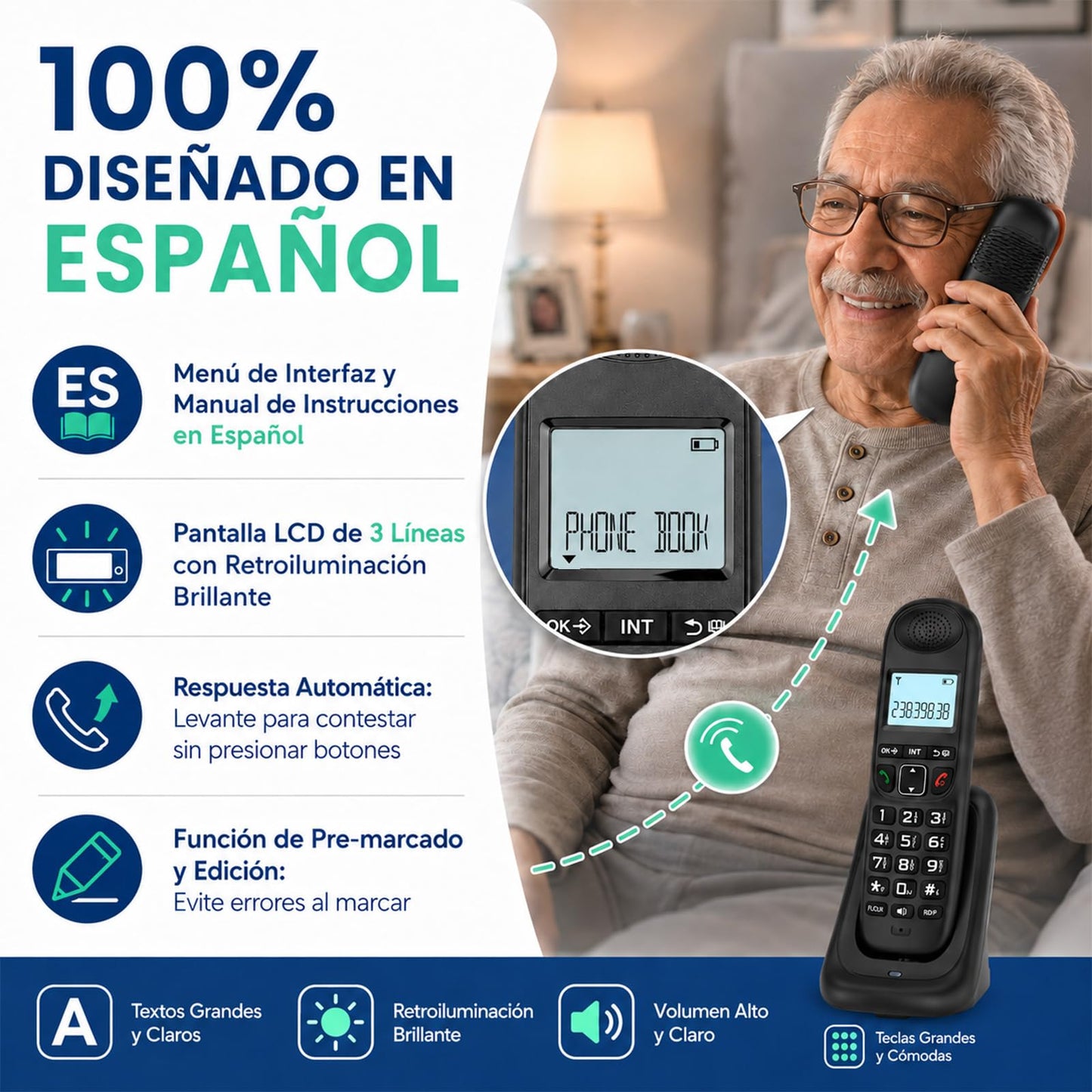 Telefono inalambrico casa con LCD visualización y botones grandes,DECT 6.0 con Expandible de 5 Teléfonos y 4 Bases,identificador de llamadas/llamada en espera,Altavoz dúplex completo,último remarcado