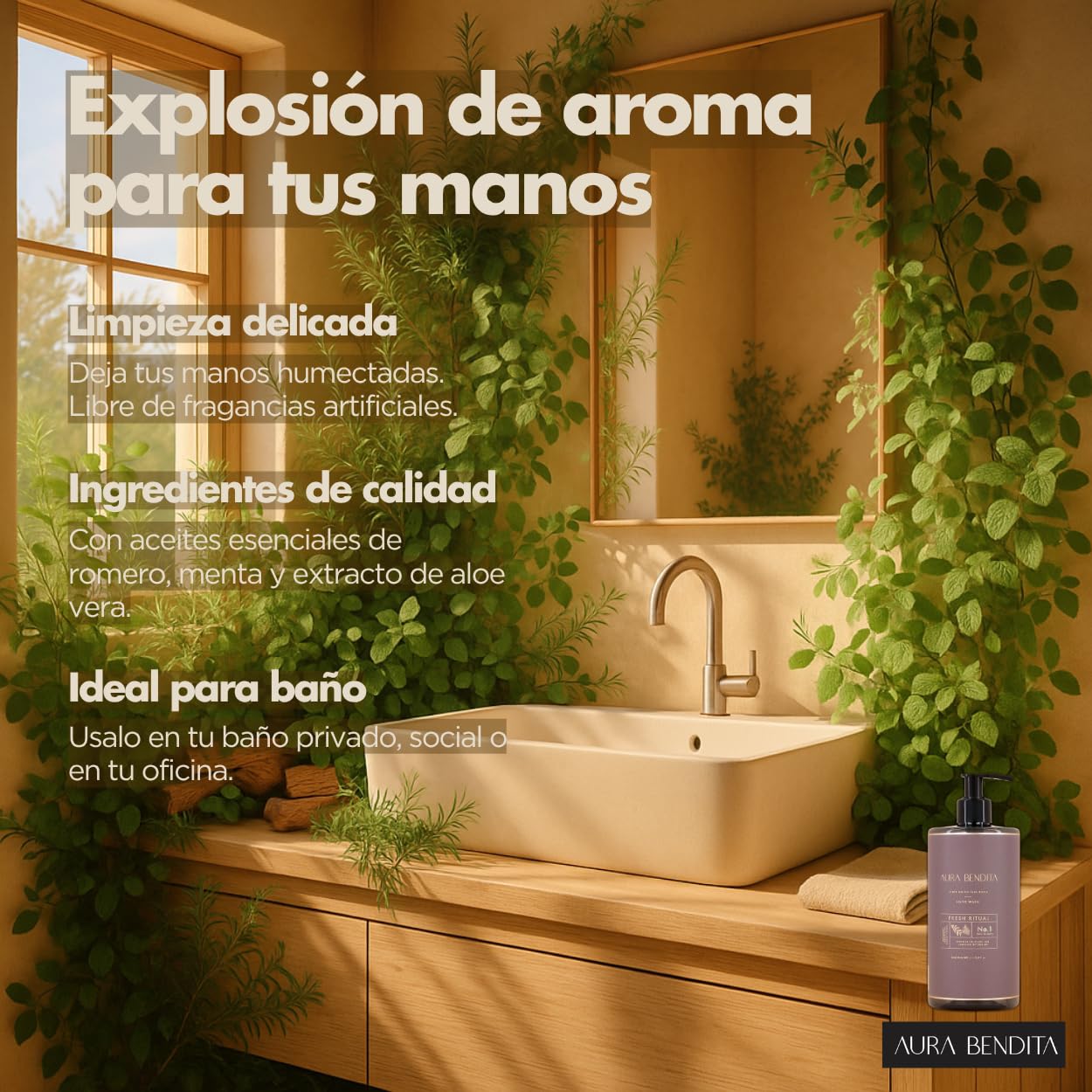 Jabón Líquido de Manos: Aceites Esenciales Romero Menta 500 ml Aura Bendita