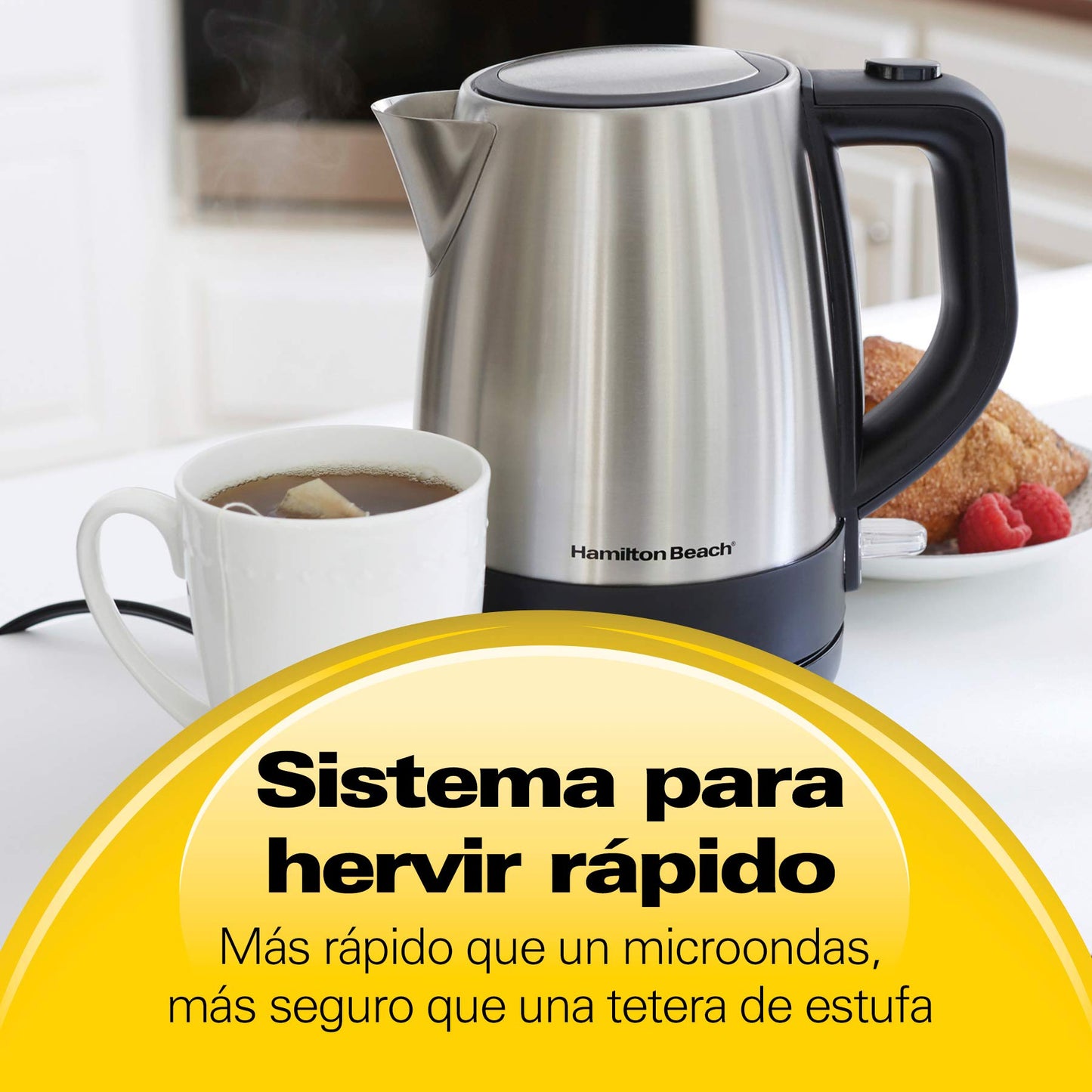 Hamilton Beach Tetera Eléctrica de 1 Litro/Hervidor de Agua Eléctrico, Fácil Vertido, Acero Inoxidable (40998)