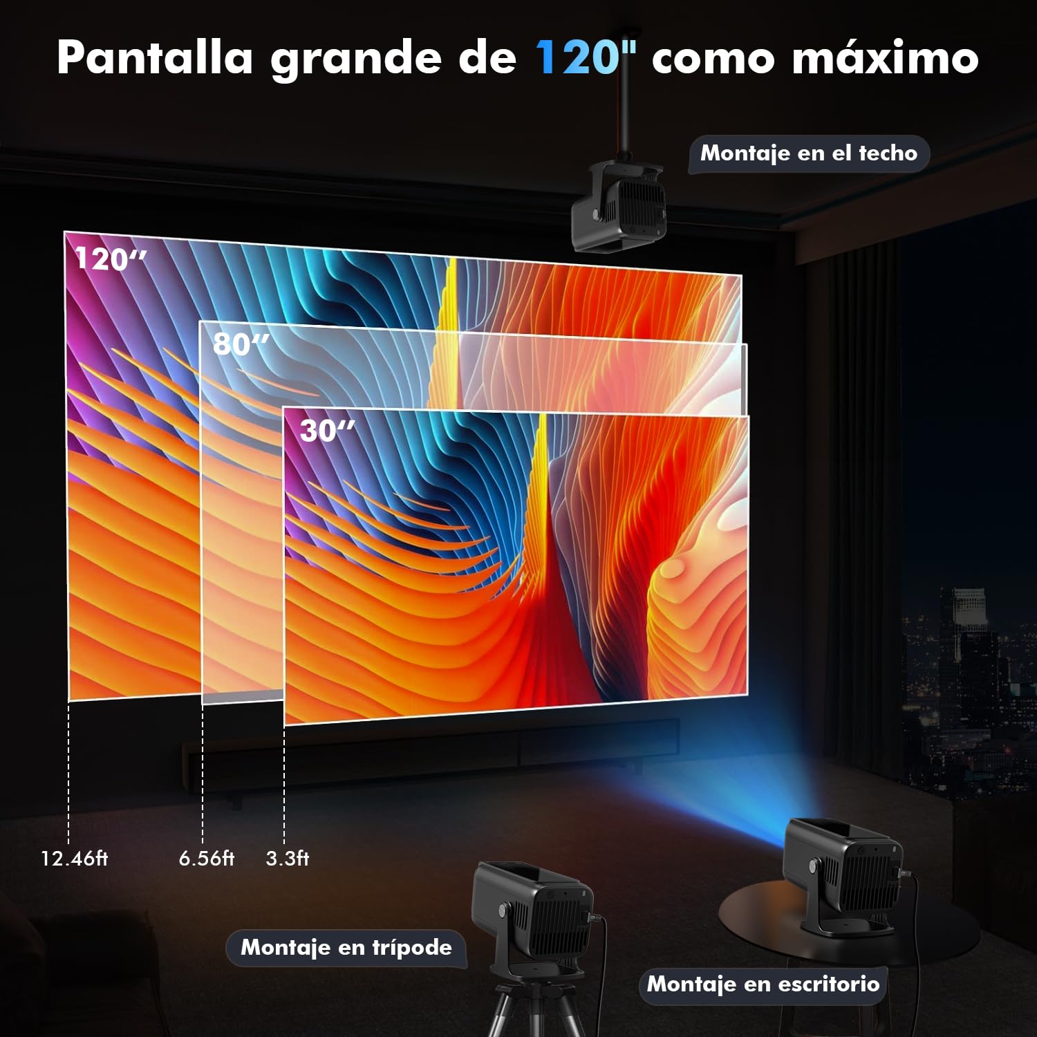 Proyector Portátil 4K Enfoque Eléctrico con Android 13 Bluetooth WiFi6 para iOS, Android, PC, TV Stick