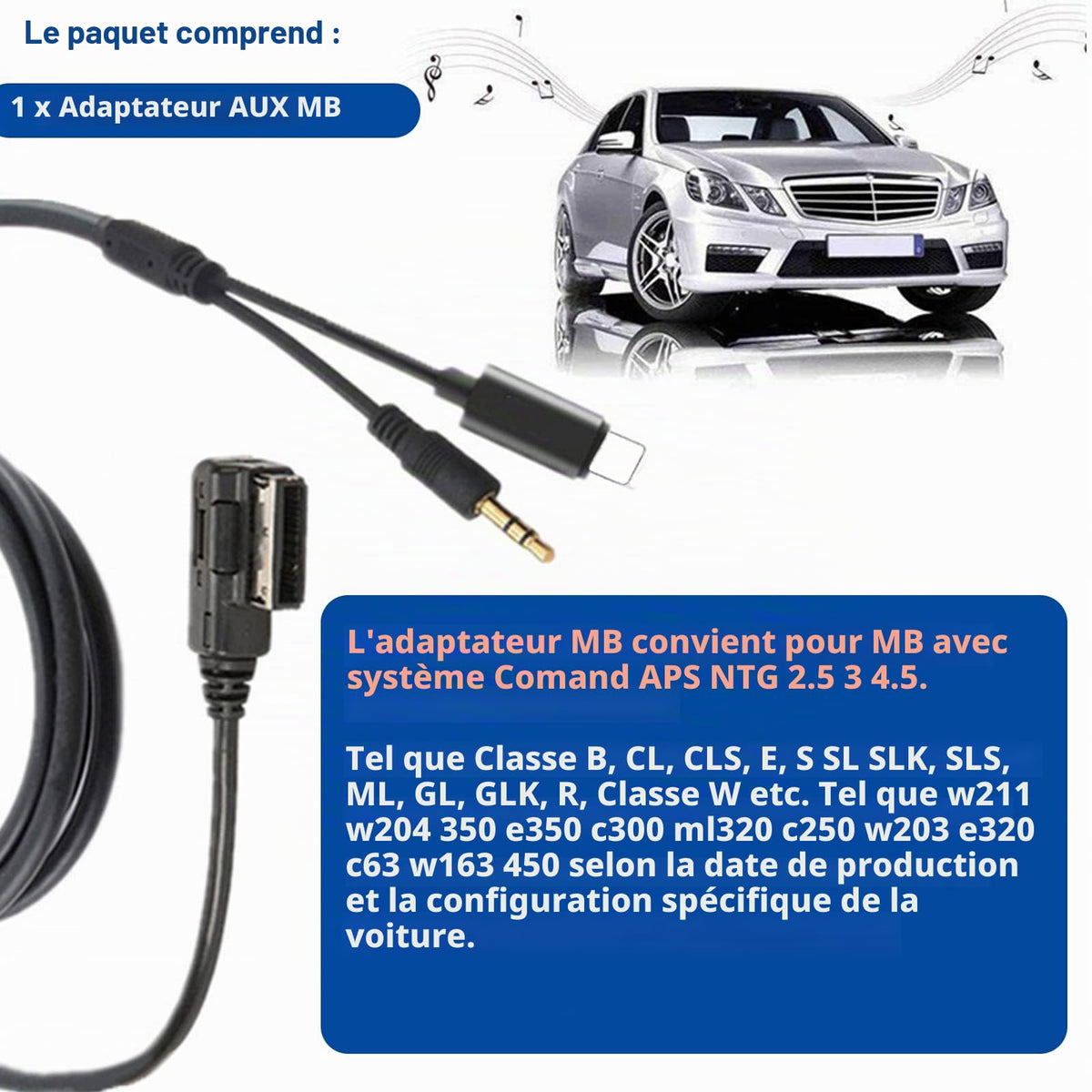 Cable de Carga Auxiliar Shinetec MMI MDI Negro Compatible con IP 14 13 12 para Mercedes-Benz