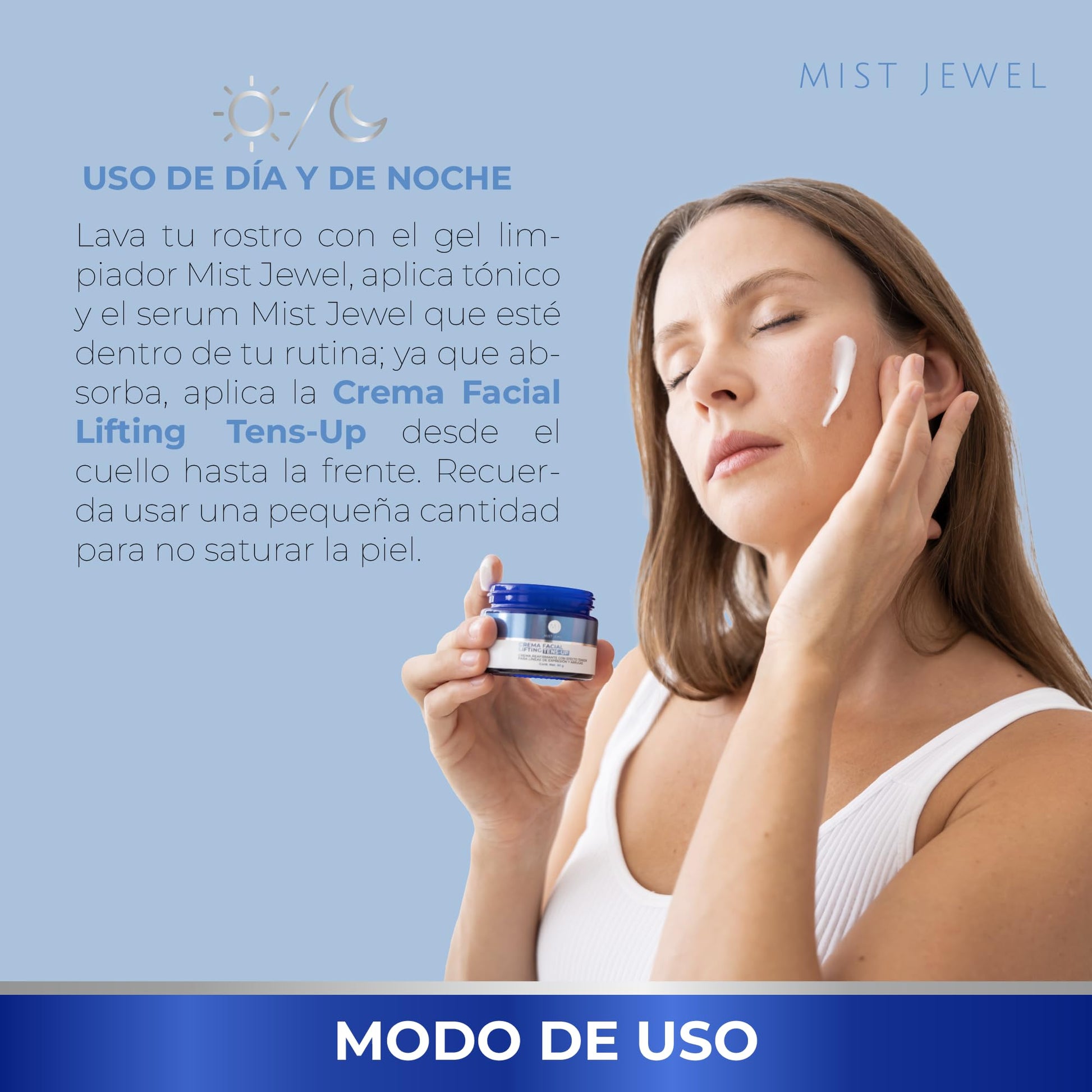 MIST JEWEL Crema TENS-UP Facial con Postbióticos marinos, Ácido Hialurónico, Caviar Verde y Q10 | Crema tensora efecto lifting e hidratante de cuidado facial para uso de día y noche skin care hombre y mujer. Todo tipo de piel 50g