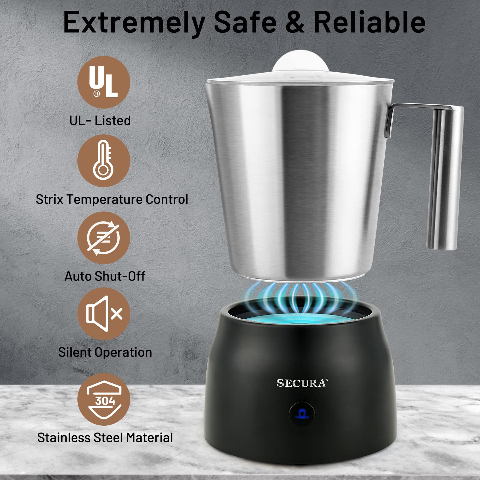Espumador de Leche Secura Acero Inoxidable Desmontable con Vaporizador Eléctrico