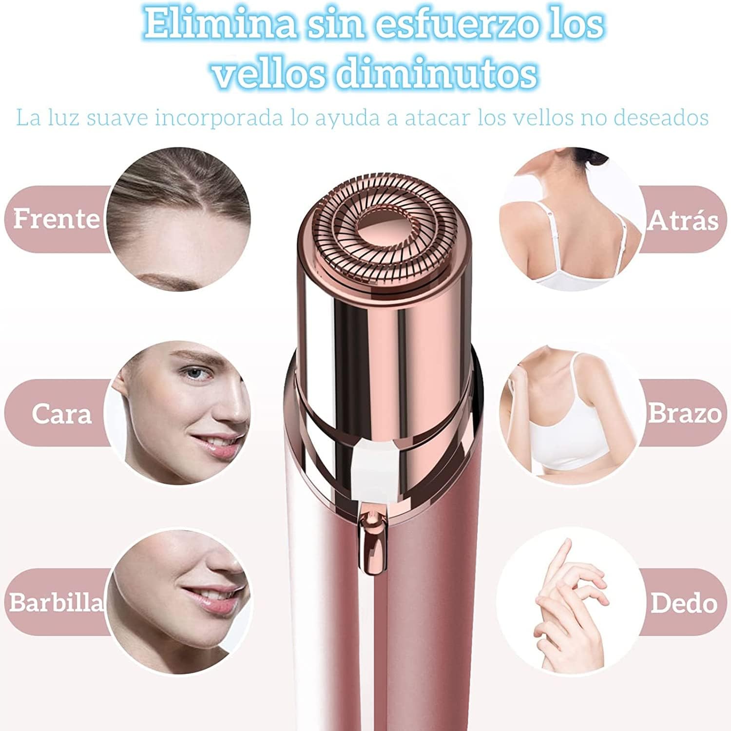 Depiladora Facial Mujer Sin Dolor, Depilador Electrico de Rostro Recargable, Removedor de Vello para Bikini/Axilas/Bigote/Barbilla/Brazos, 2 Cabezales de Repuesto Incluidos (Oro Rosa)