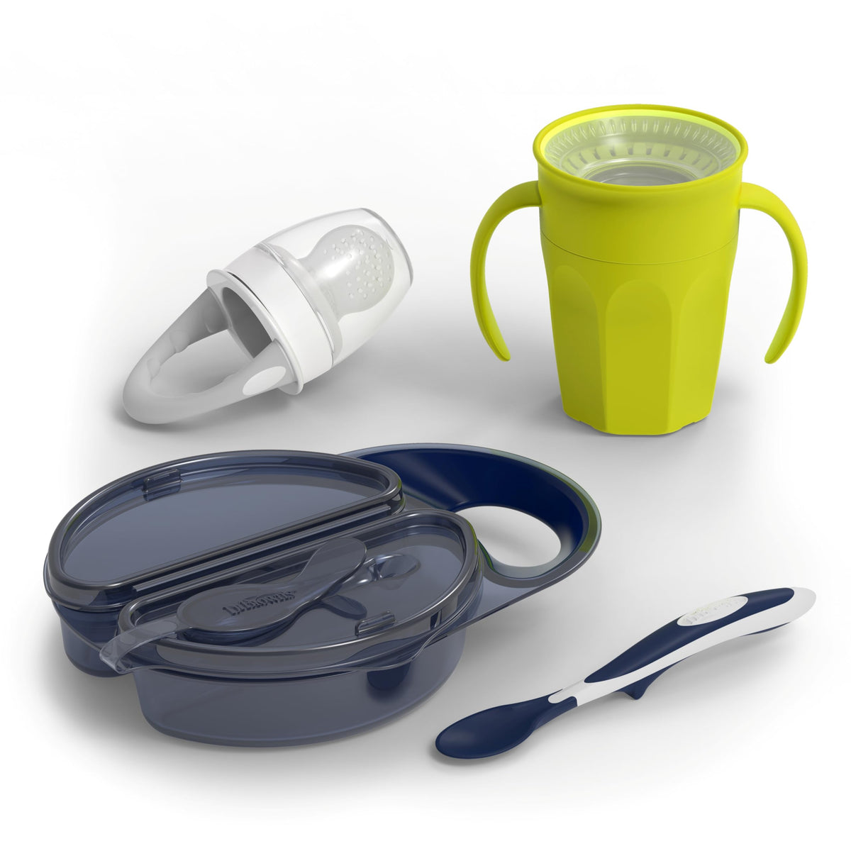 Dr. Brown's - Juego de iniciación de alimentación para niños pequeños, paquete de viaje con taza de entrenamiento Cheers360 sin boquilla con asas, 6 m+, 4 piezas