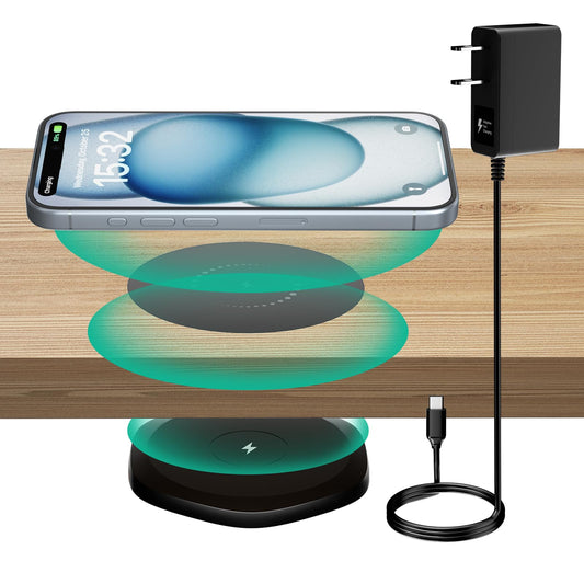 KPON Cargador Inalámbrico Invisible Cargador Bajo Mesa de 30mm - Mueble Escritorio Mesilla de Noche Estación de Carga Inalámbrica para iPhone 16/15/14/13/12/11/X (con Adaptador QC)