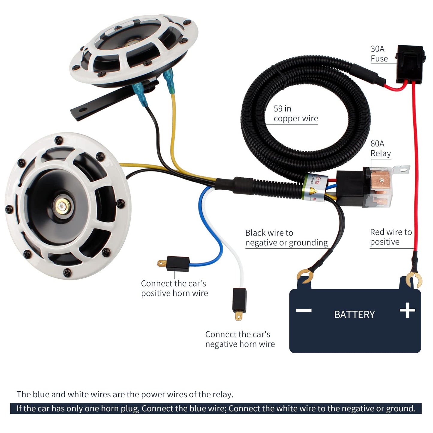 FARBIN - Bocinas de coche de 12 V, tono alto, tono bajo, metal, doble con arnés de relé, universal para camión, coche, motocicleta (blanco con arnés de cableado)
