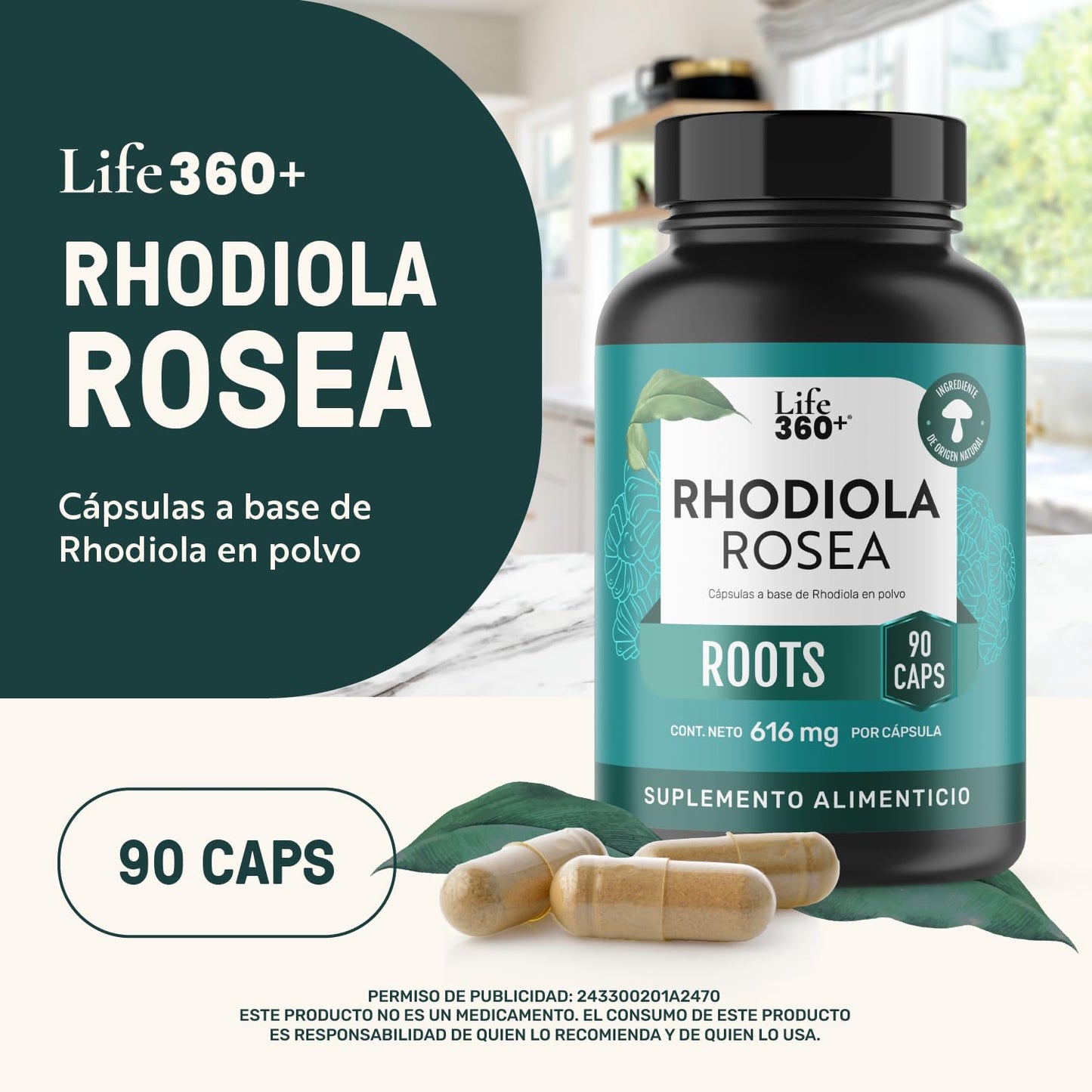 LIFE 360+ Rhodiola Rosea | 90 Cápsulas | 616 mg c/u | 45 Porciones | Suplemento Alimenticio a Base de Raíz Rhodiola Rosea en polvo | Tomar 2 cápsulas al día
