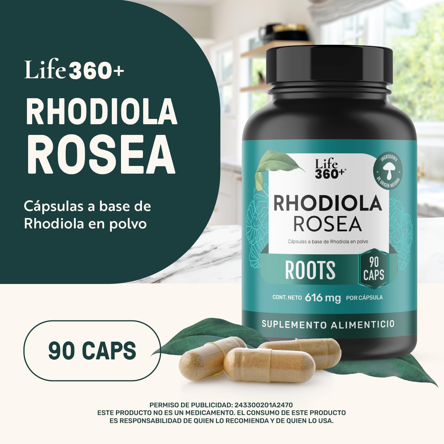LIFE 360+ Rhodiola Rosea | 90 Cápsulas | 616 mg c/u | 45 Porciones | Suplemento Alimenticio a Base de Raíz Rhodiola Rosea en polvo | Tomar 2 cápsulas al día