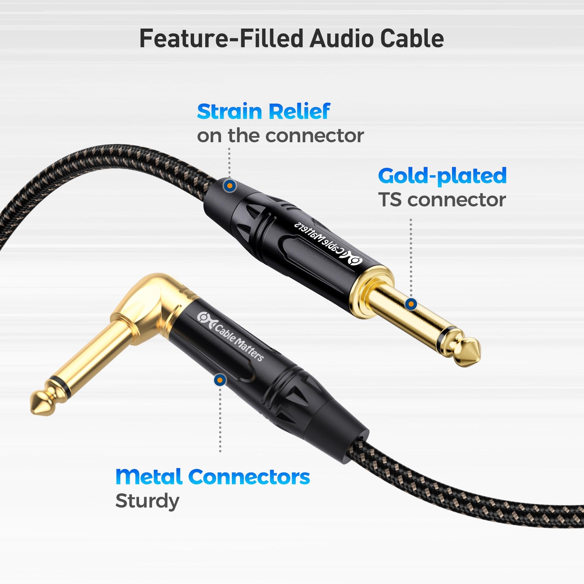 Cable Matters, paquete de 2 cables de guitarra TS de 1/4 pulgadas, recto a ángulo recto, cable de instrumento de 1/4, 3 pies