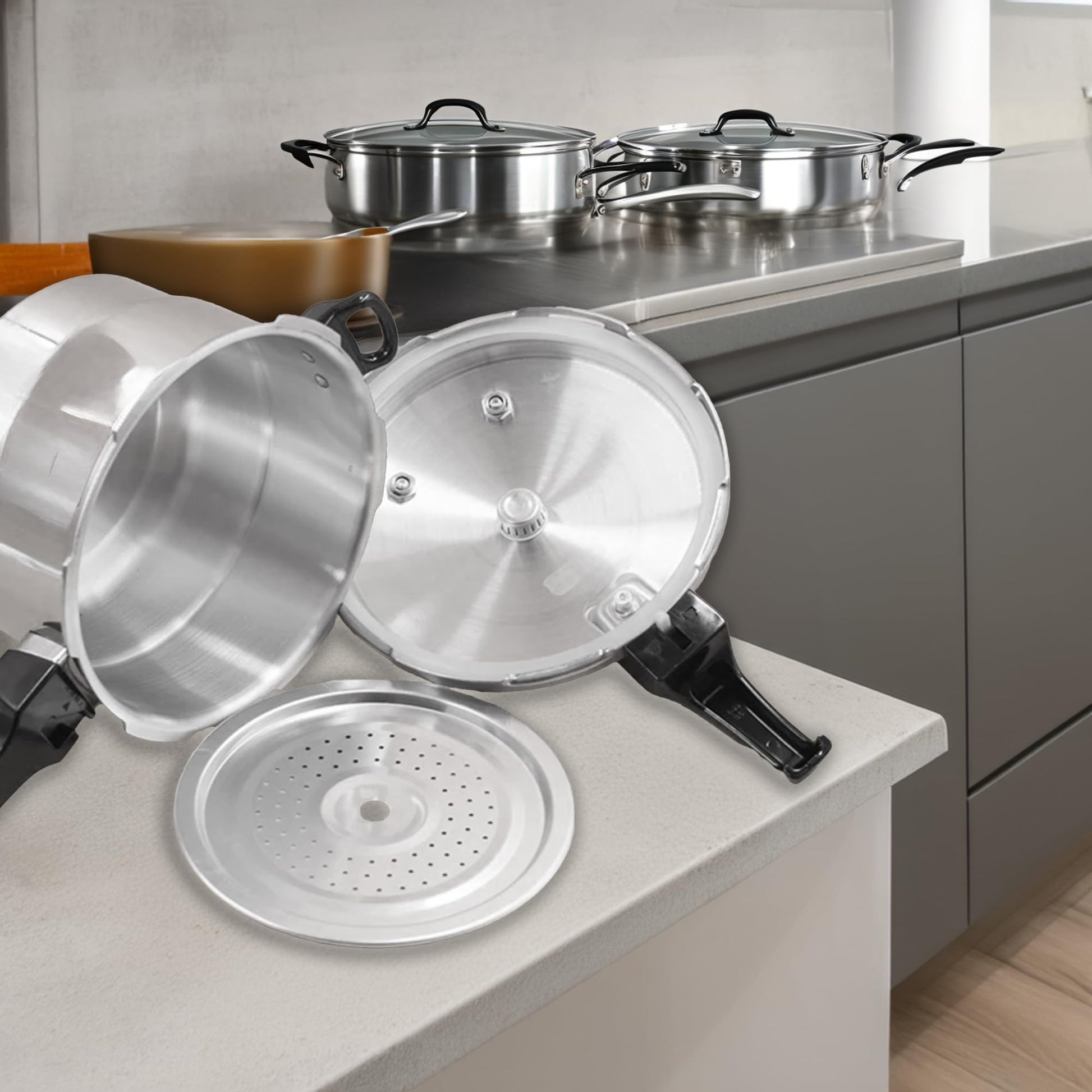 Bee Vibes Olla de Presión Express de Aluminio 9 Litros con 8 Sistemas de Seguridad y Vaporera Antiadherente Ideal para Cocinar Sopas Carnes y Más de Manera Rápida y Segura Compatible con Estufa de Gas