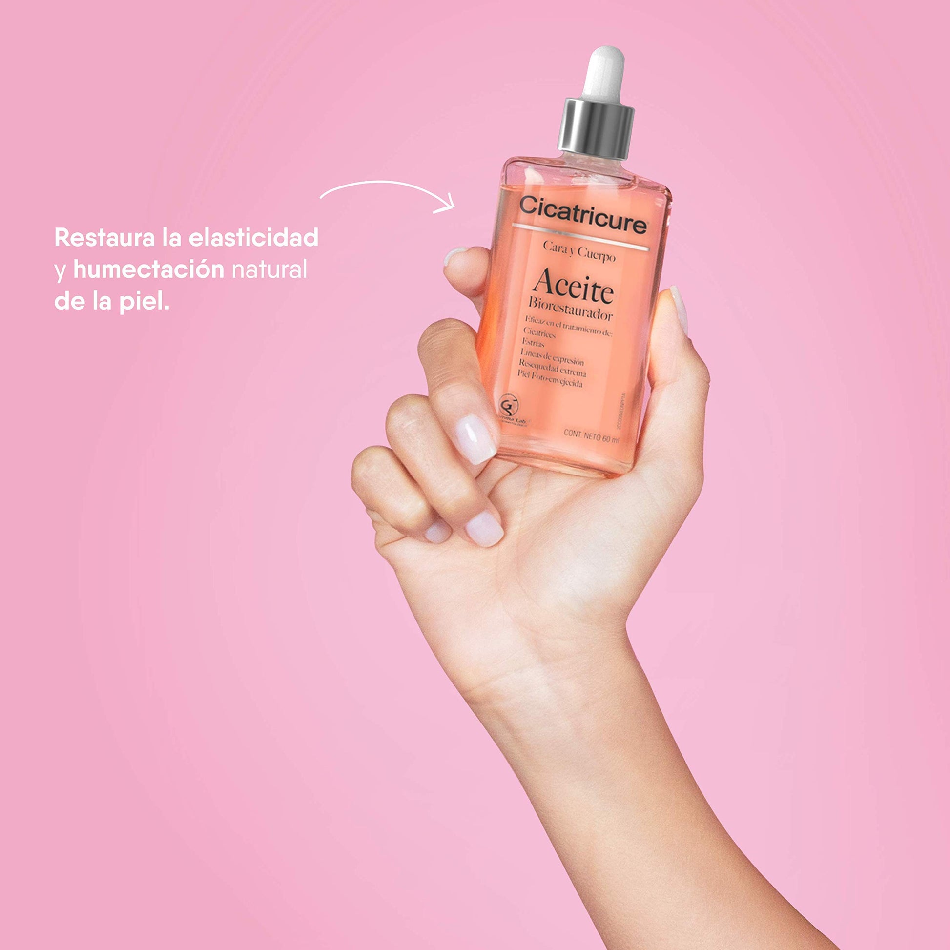 CICATRICURE - Aceite Biorestaurador. Restaura la elasticidad y humectación natural de la piel con Vitamina E, piel más suave y lisa. Para uso para cara y cuerpo, dosificador con 60ml