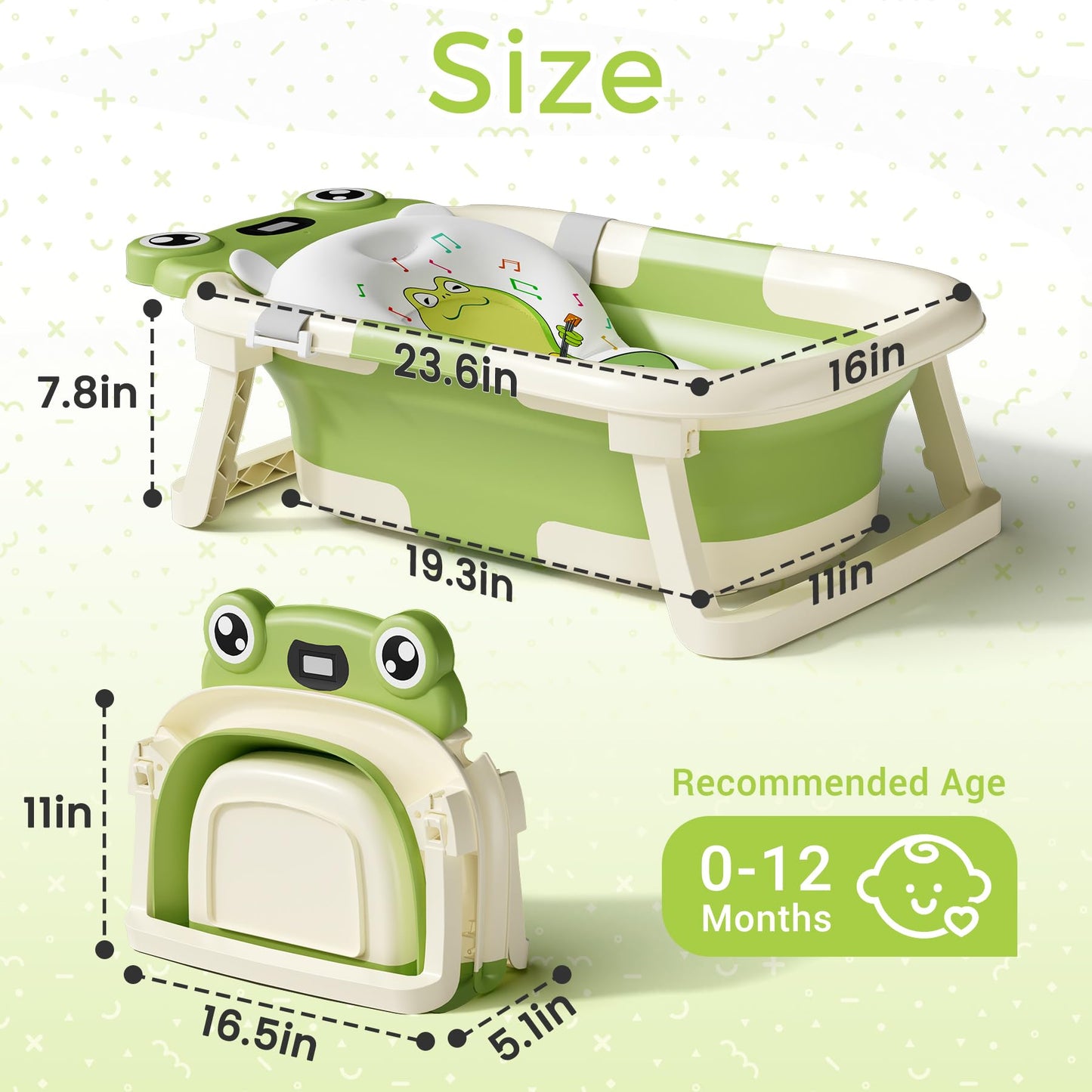 BUNWAG - tina de bebé plegable, para recién nacido, para bebés y niños pequeños, con cojín suave y termómetro, tina portátil de viaje para recién nacido con pies antideslizantes, regalos de baby