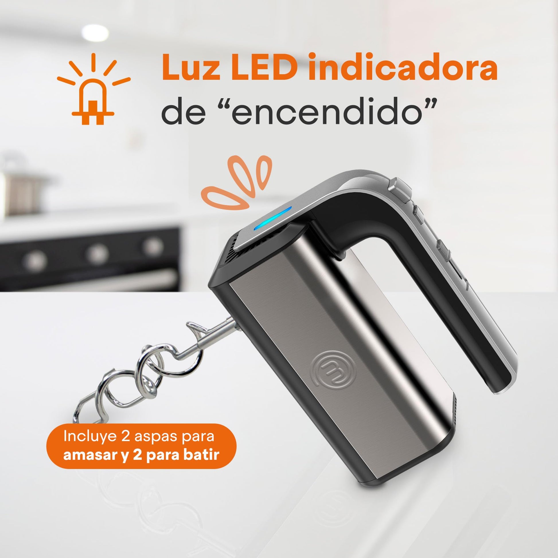 Hukën x MasterChef | Batidora de Mano Mix+ | Eléctrica Multifuncional con Amasadora y Mezcladora Turbo | 5 Velocidades | Con Aspas Intercambiables |