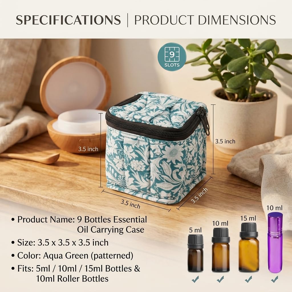 FUZEBAG 9 Bottles Essential Oil Carrying Case Shockproof Essential Oils Organizer Travel Bag Suitable for 5ml,10ml,15ml Bottles with Portable Handle and Double Zipper (Aqua Green)