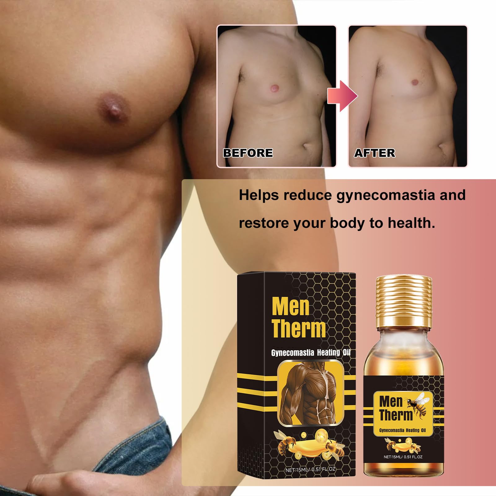 Pack de 4 Aceites para Reducir Ginecomastia, Fortalecer Músculos y Eliminar Tejido Mamario. Producto específico para hombres. Ideal para el cuidado personal. Ayuda a mejorar la apariencia física de forma natural.
