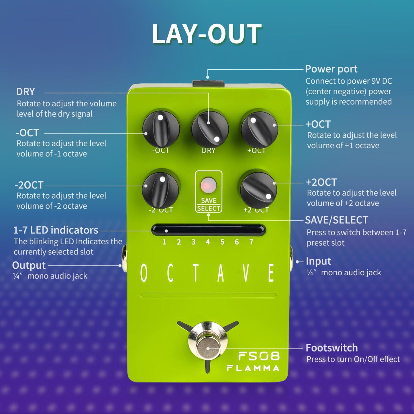 Pedal de Octava Flamma FS08 polifónico con 7 ranuras preestablecidas para Guitarra Eléctrica