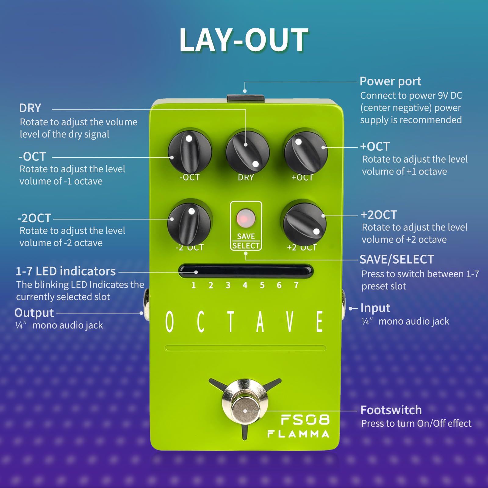 Pedal de Octava Flamma FS08 polifónico con 7 ranuras preestablecidas para Guitarra Eléctrica