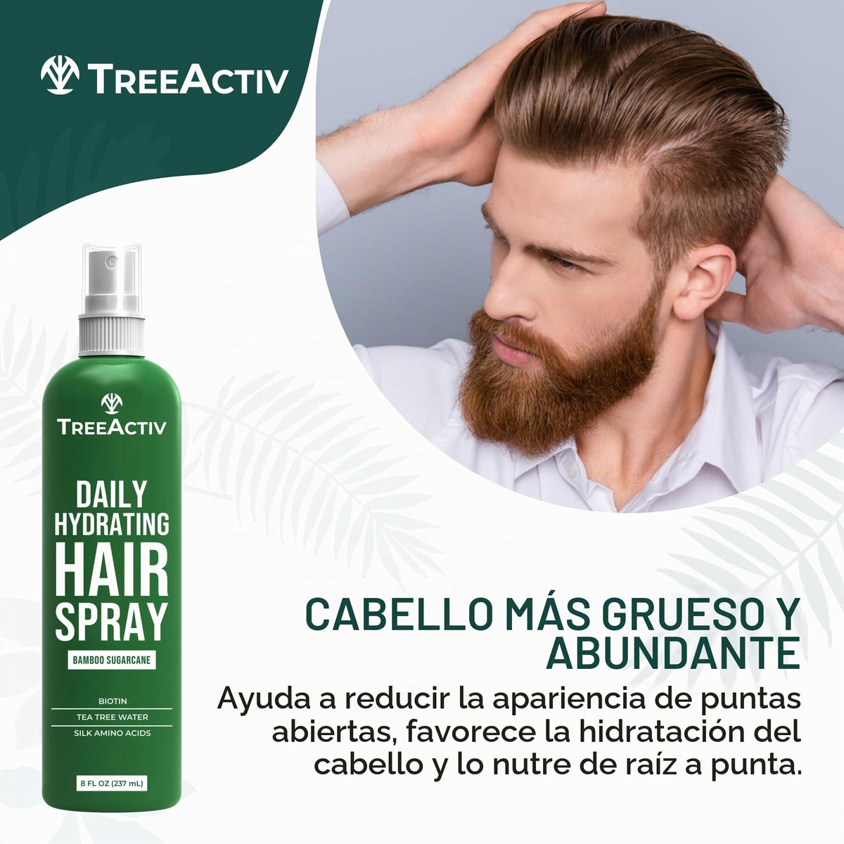 Spray Nutritivo Diario para Crecimiento del Cabello TreeActiv Bamboo Sugarcane con Aceite de Argán y Biotina