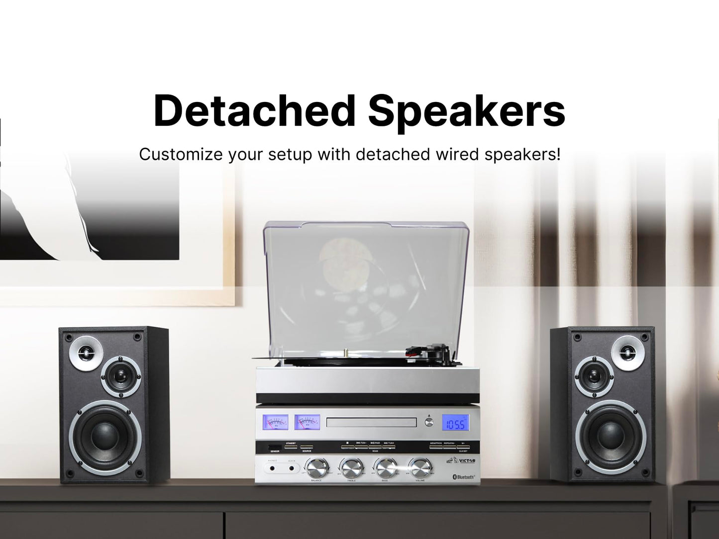 Victor VDTS-5400 Geneva Centro de música 5 en 1 con Bluetooth, Reproductor de CD, Radio FM, reproducción USB, Entrada Auxiliar, Control Remoto y Altavoces estéreo Separados, Perfecto para Amantes de